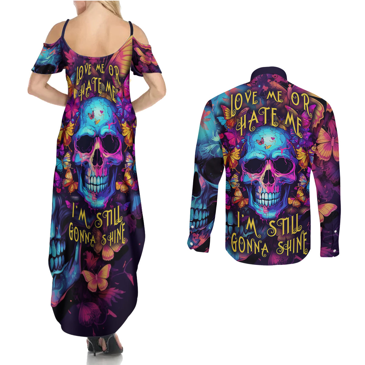 fantasy-skull-with-butterflies-couples-matching-summer-maxi-dress-and-long-sleeve-button-shirts-love-me-or-hate-me-im-still-gonna-shine