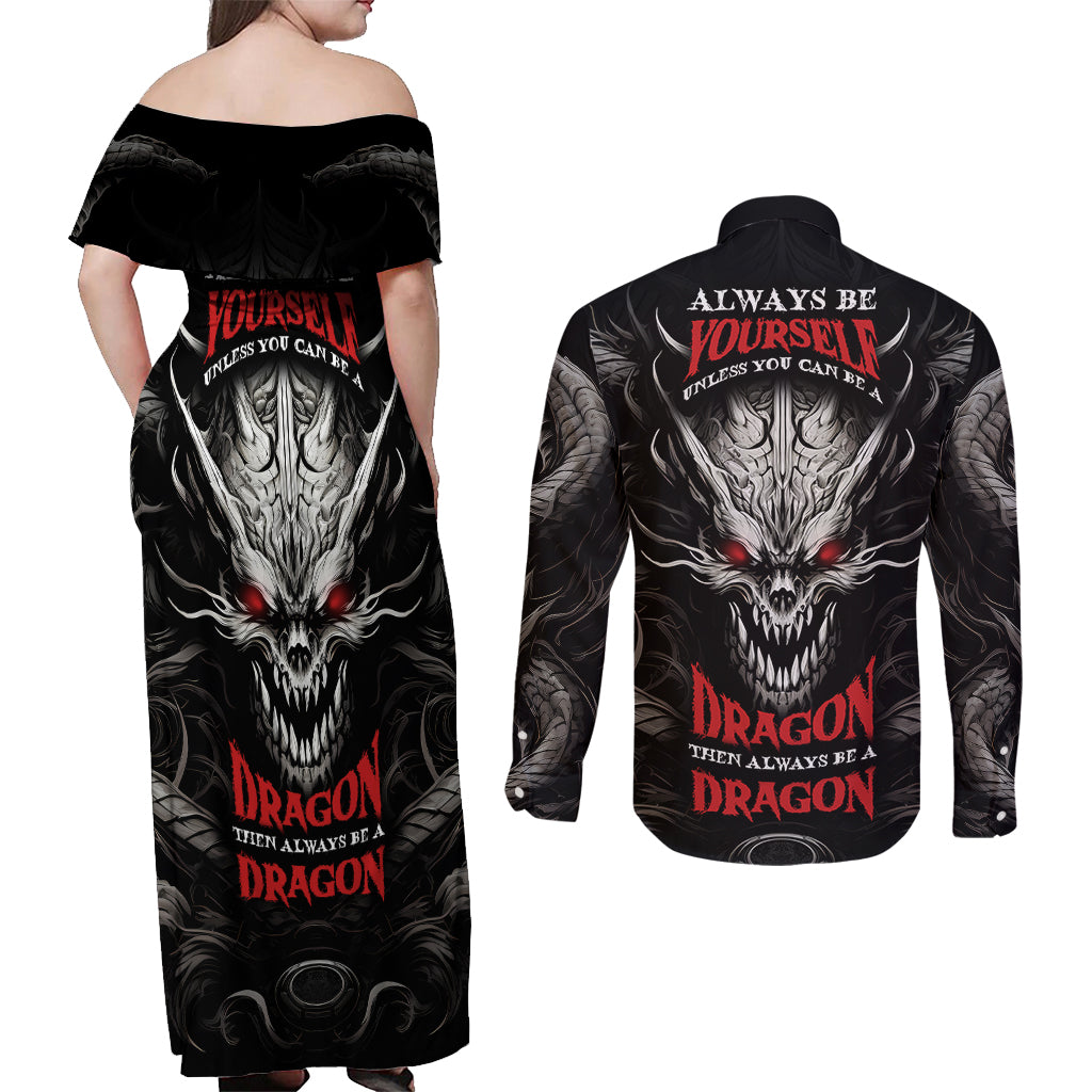 demon-skull-couples-matching-off-shoulder-maxi-dress-and-long-sleeve-button-shirts-always-be-yourself-unless-you-can-be-a-dragon-then-always-be-a-dragon