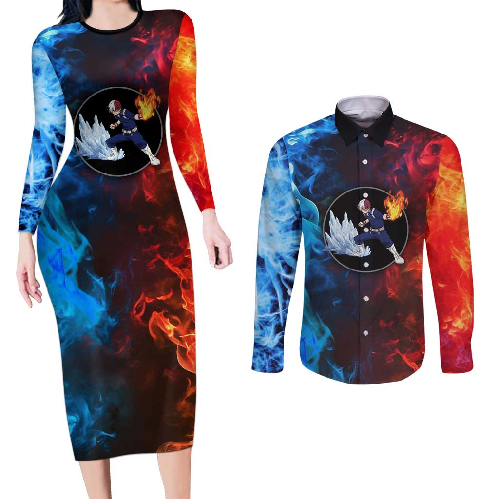 Burning Fire Shoto My Hero Academia Couples Matching Long Sleeve Bodycon Dress and Long Sleeve Button Shirt Anime Style