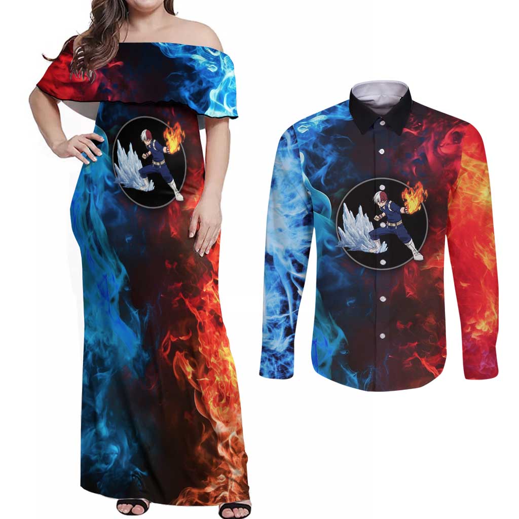 Burning Fire Shoto My Hero Academia Couples Matching Off Shoulder Maxi Dress and Long Sleeve Button Shirt Anime Style