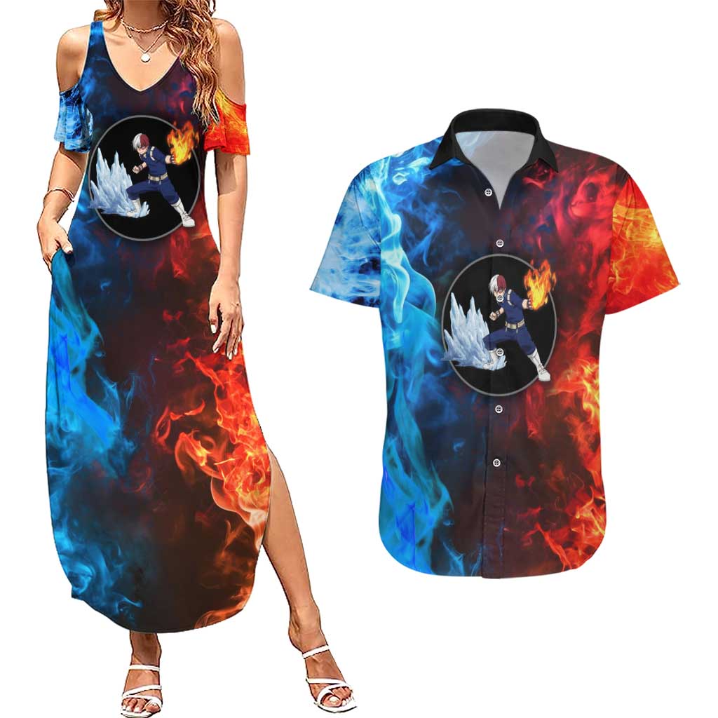 Burning Fire Shoto My Hero Academia Couples Matching Summer Maxi Dress and Hawaiian Shirt Anime Style