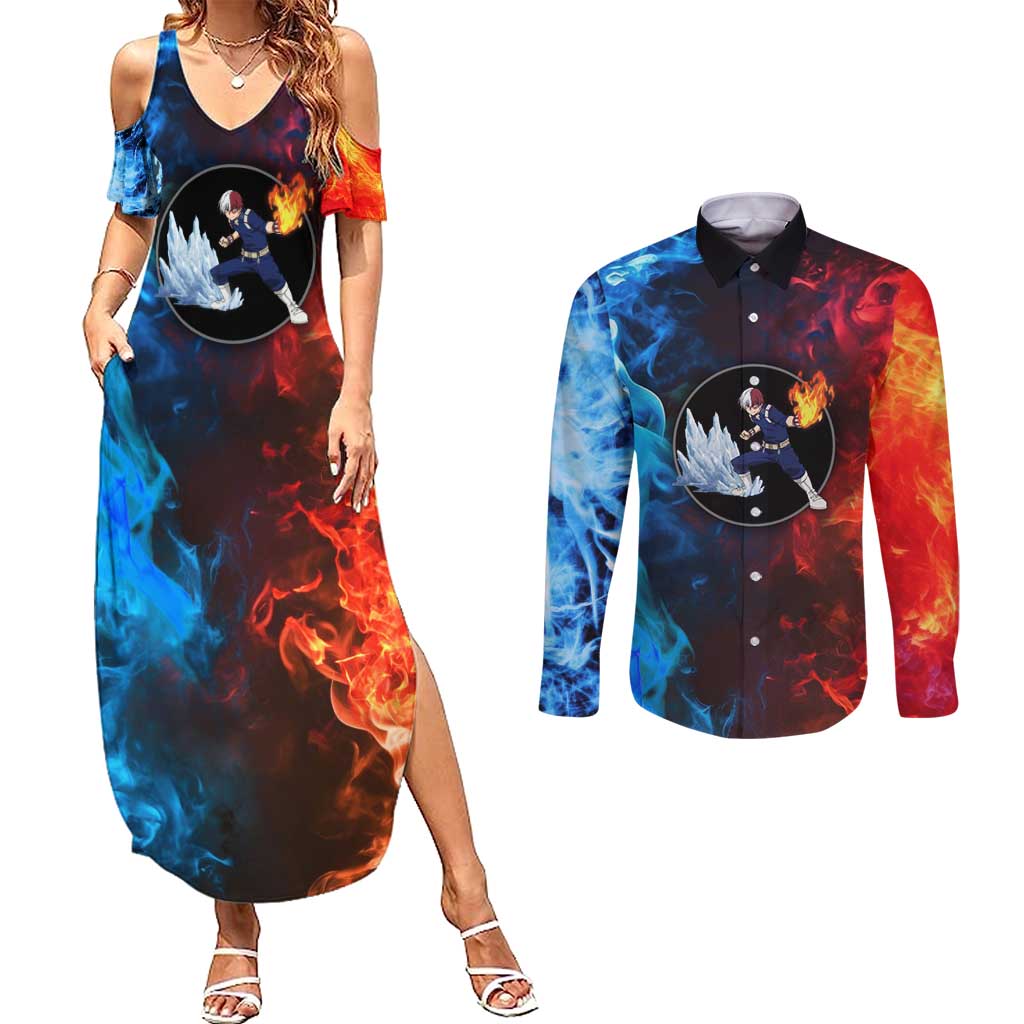 Burning Fire Shoto My Hero Academia Couples Matching Summer Maxi Dress and Long Sleeve Button Shirt Anime Style