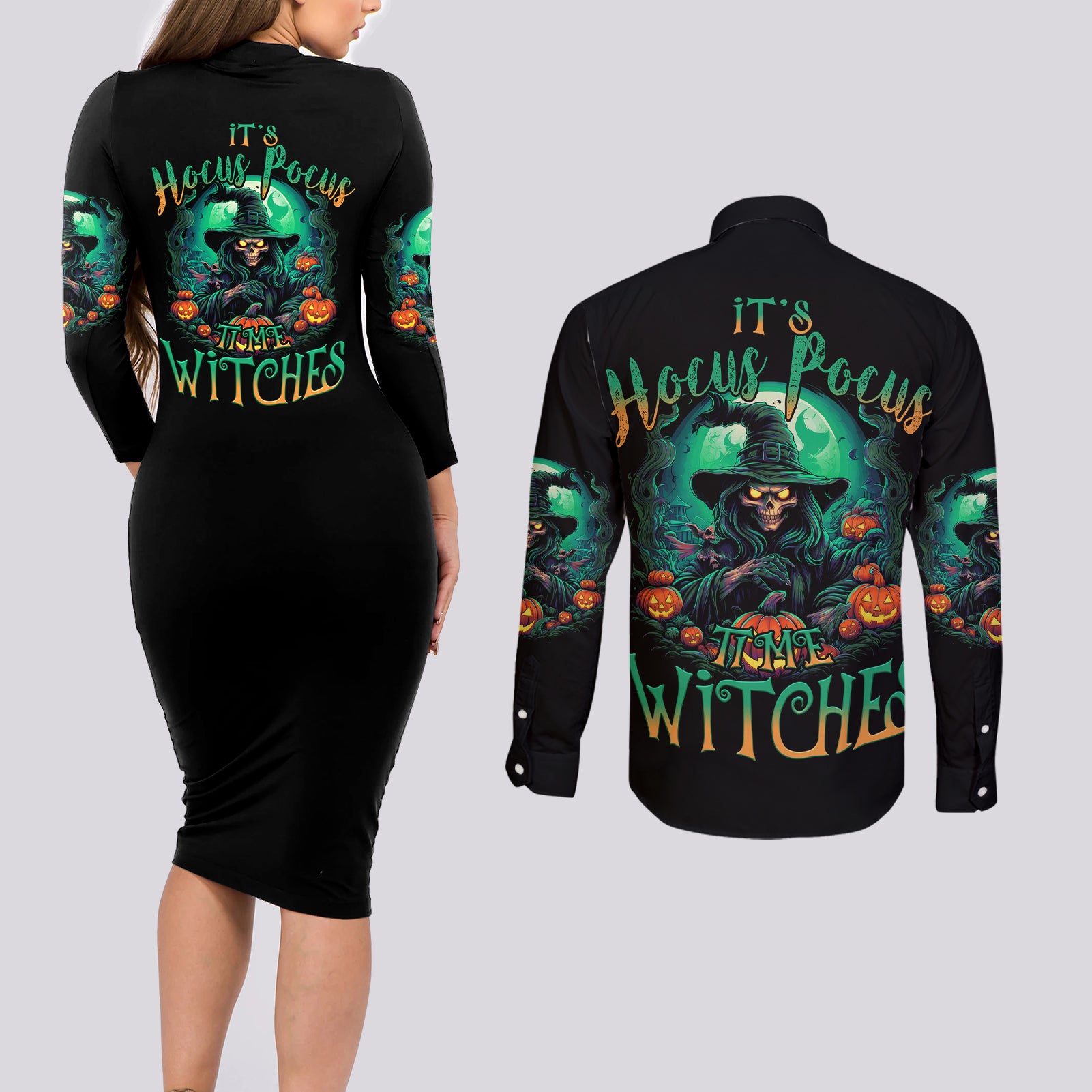 hocus-pocus-halloween-couples-matching-long-sleeve-bodycon-dress-and-long-sleeve-button-shirt