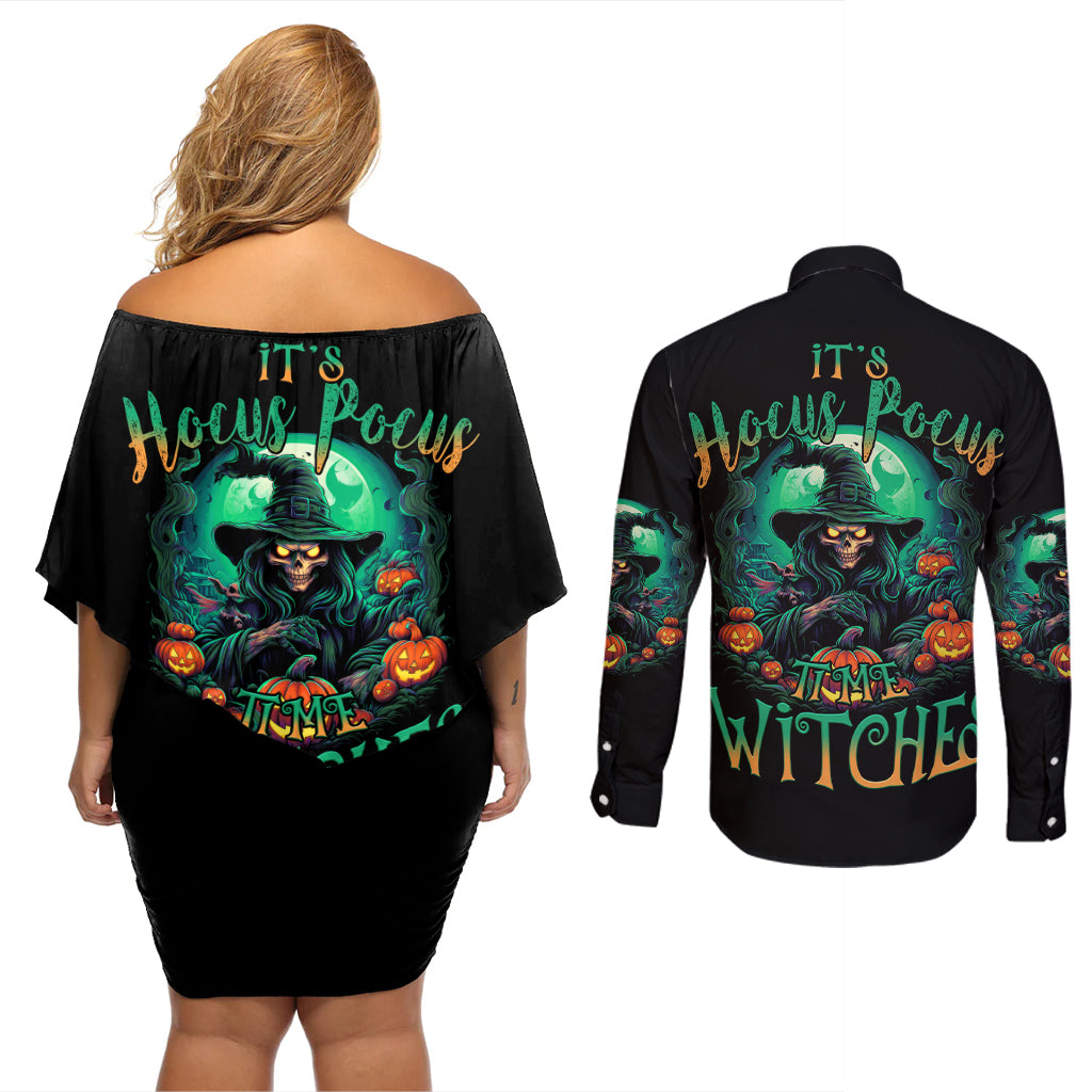 hocus-pocus-halloween-couples-matching-off-shoulder-short-dress-and-long-sleeve-button-shirt