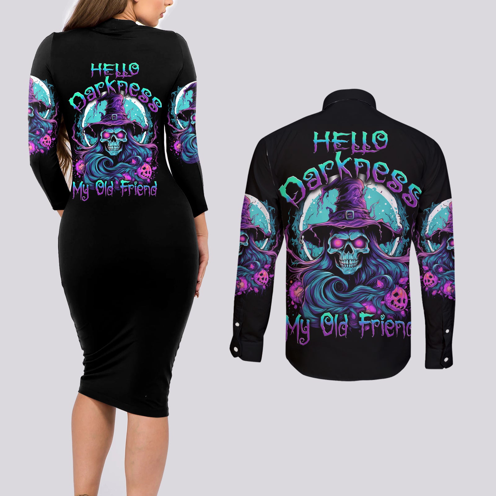 hello-darkness-my-old-friend-witch-halloween-couples-matching-long-sleeve-bodycon-dress-and-long-sleeve-button-shirt