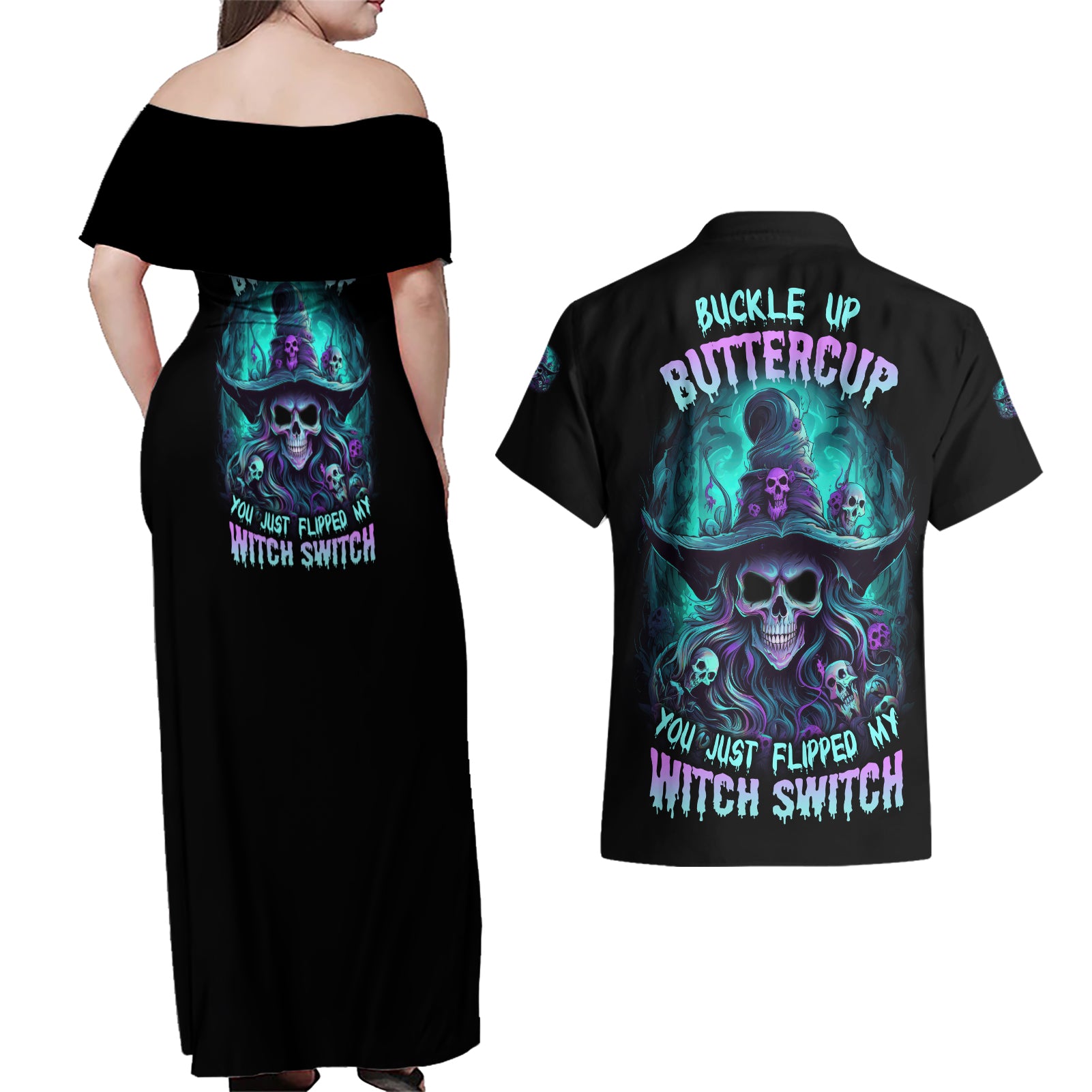 buckle-up-buttercup-skull-witch-halloween-couples-matching-off-shoulder-maxi-dress-and-hawaiian-shirt