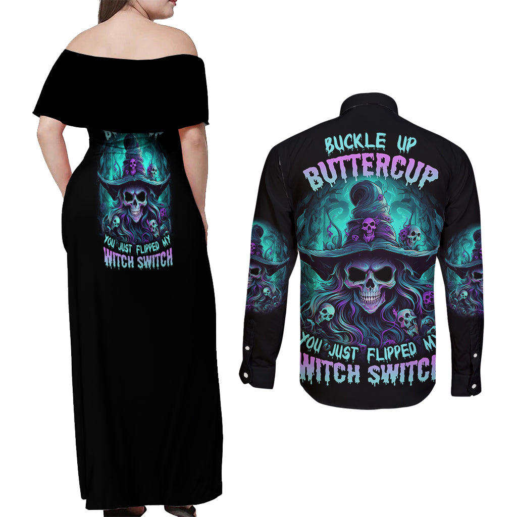 buckle-up-buttercup-skull-witch-halloween-couples-matching-off-shoulder-maxi-dress-and-long-sleeve-button-shirt