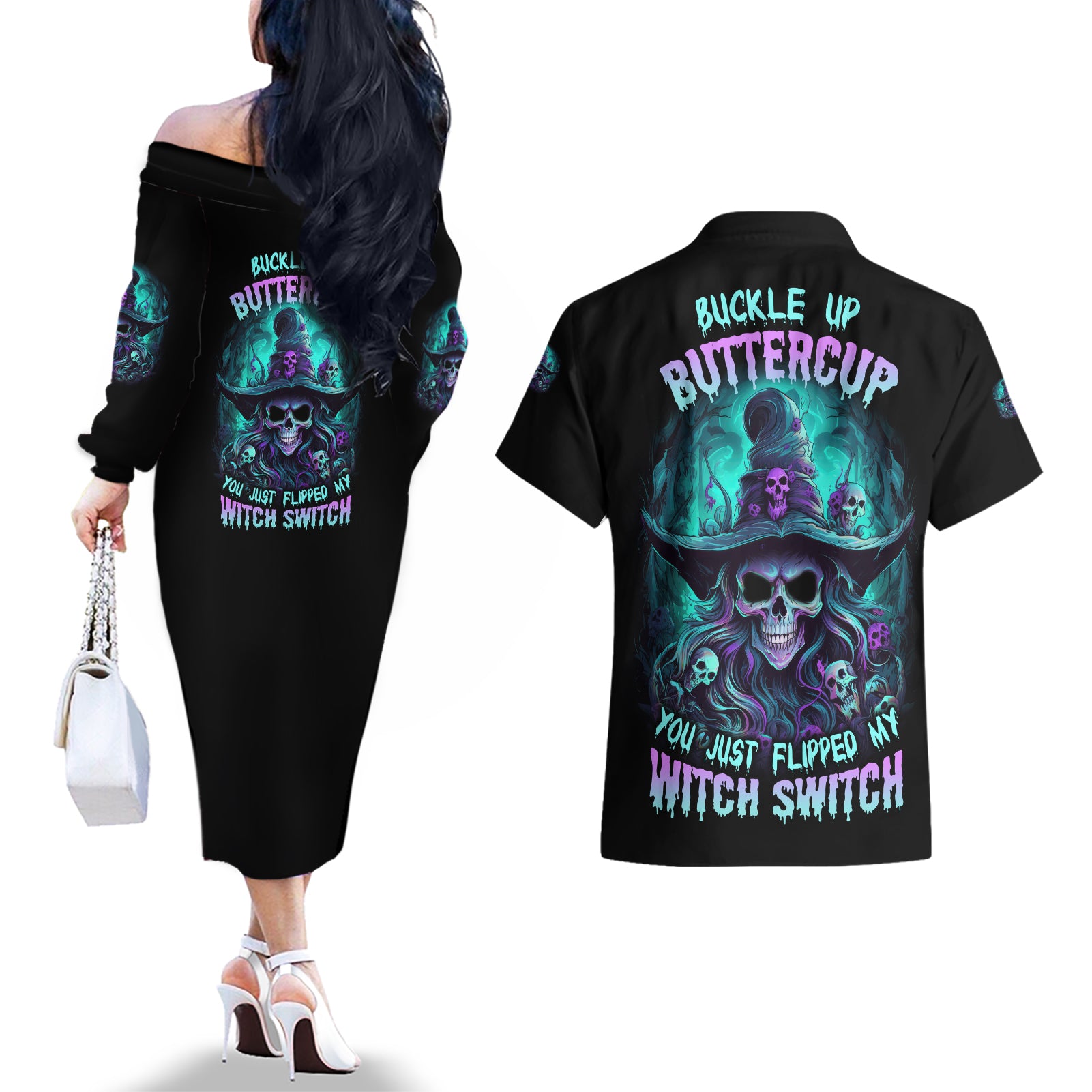 buckle-up-buttercup-skull-witch-halloween-couples-matching-off-the-shoulder-long-sleeve-dress-and-hawaiian-shirt