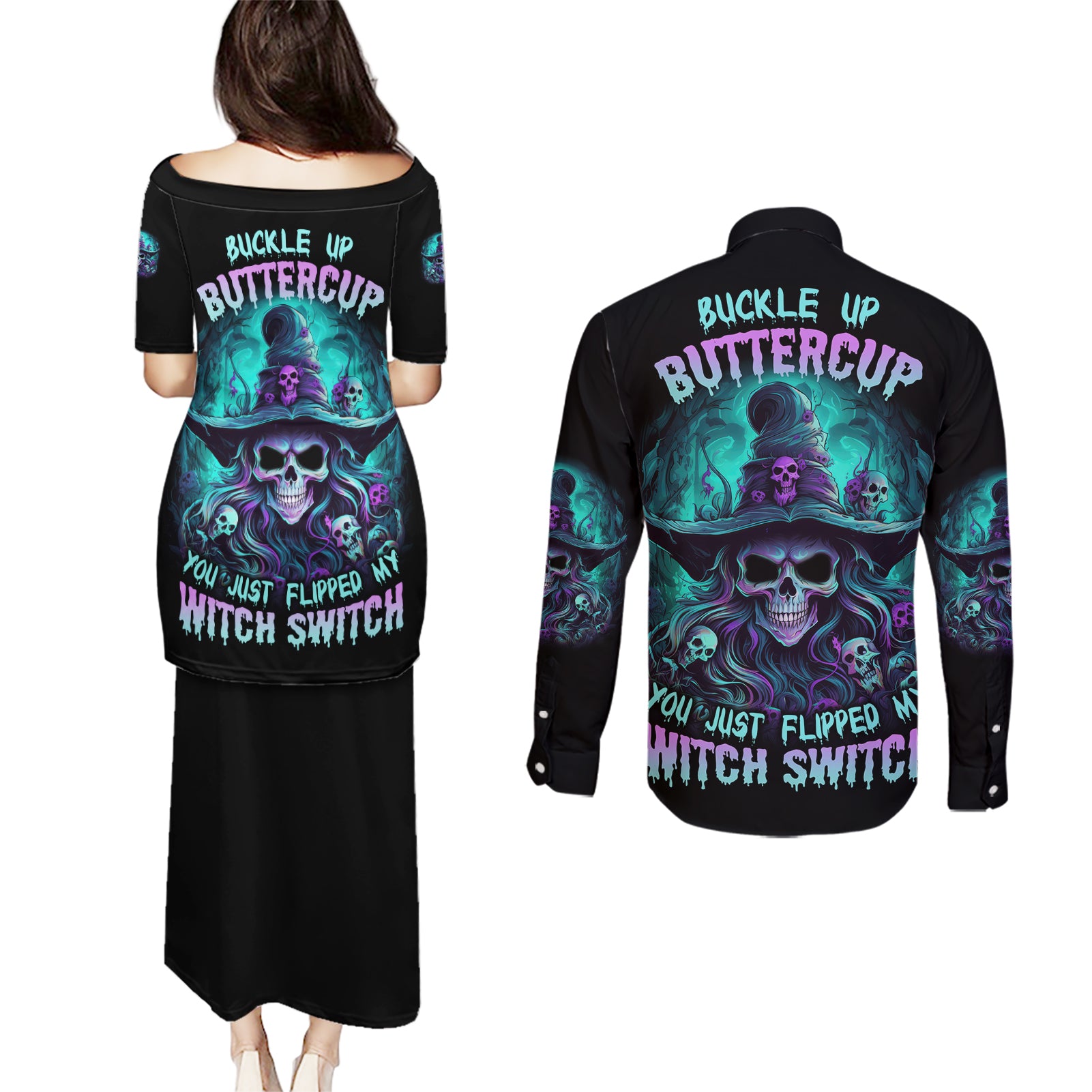 buckle-up-buttercup-skull-witch-halloween-couples-matching-puletasi-dress-and-long-sleeve-button-shirt