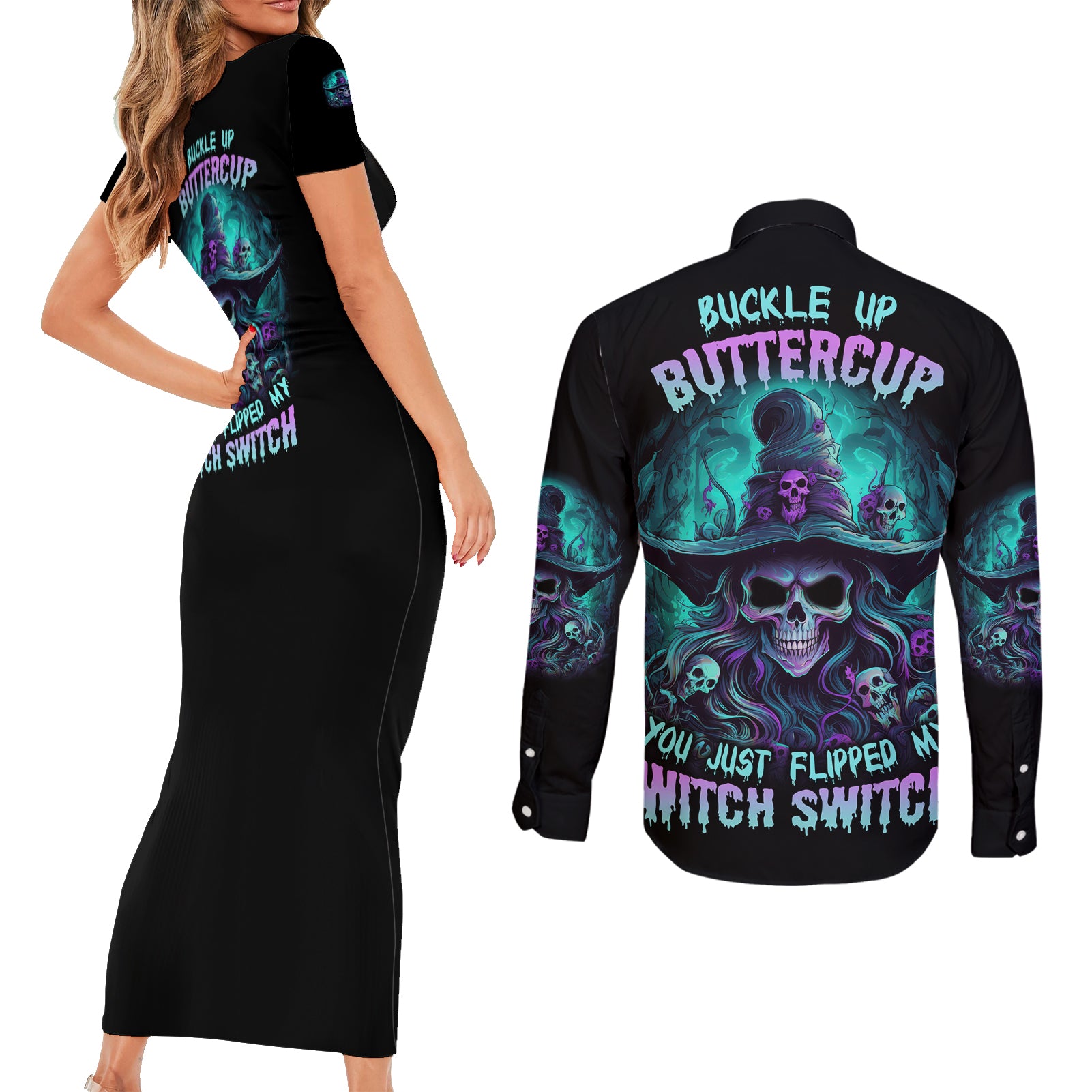 buckle-up-buttercup-skull-witch-halloween-couples-matching-short-sleeve-bodycon-dress-and-long-sleeve-button-shirt