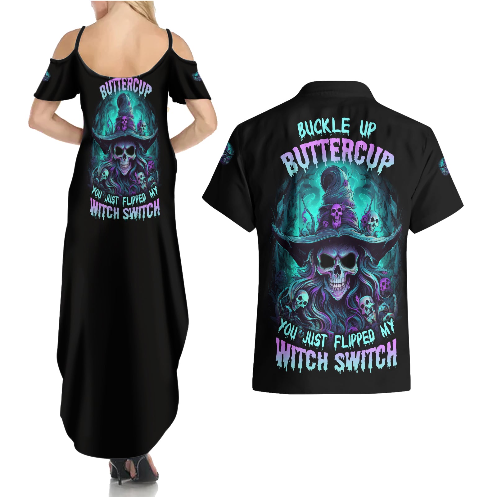 buckle-up-buttercup-skull-witch-halloween-couples-matching-summer-maxi-dress-and-hawaiian-shirt