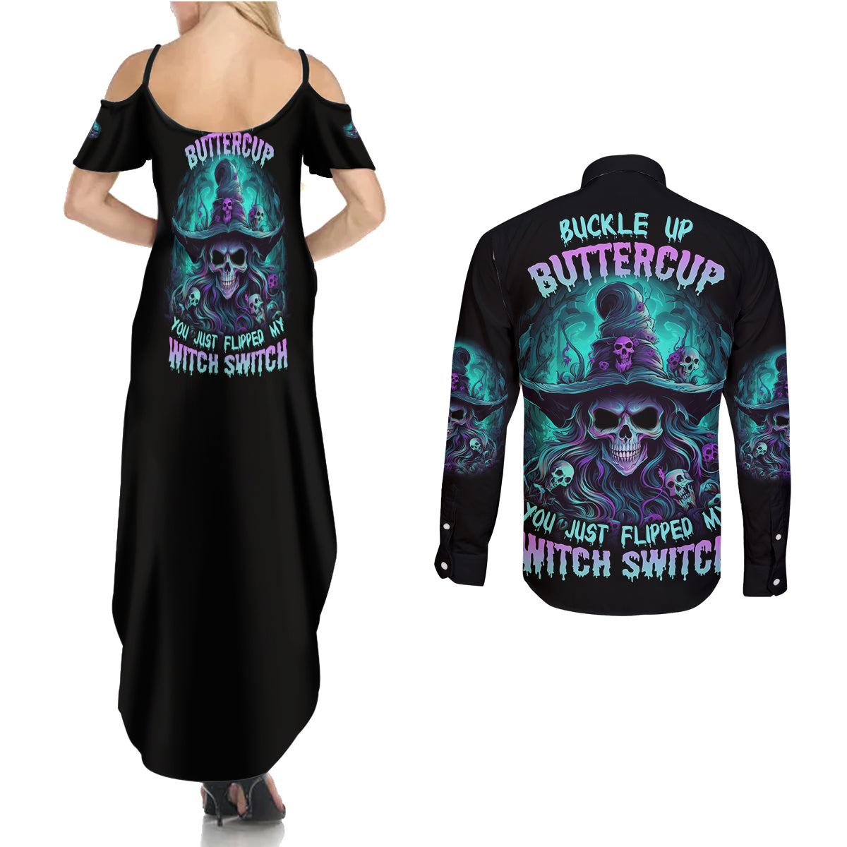 buckle-up-buttercup-skull-witch-halloween-couples-matching-summer-maxi-dress-and-long-sleeve-button-shirt