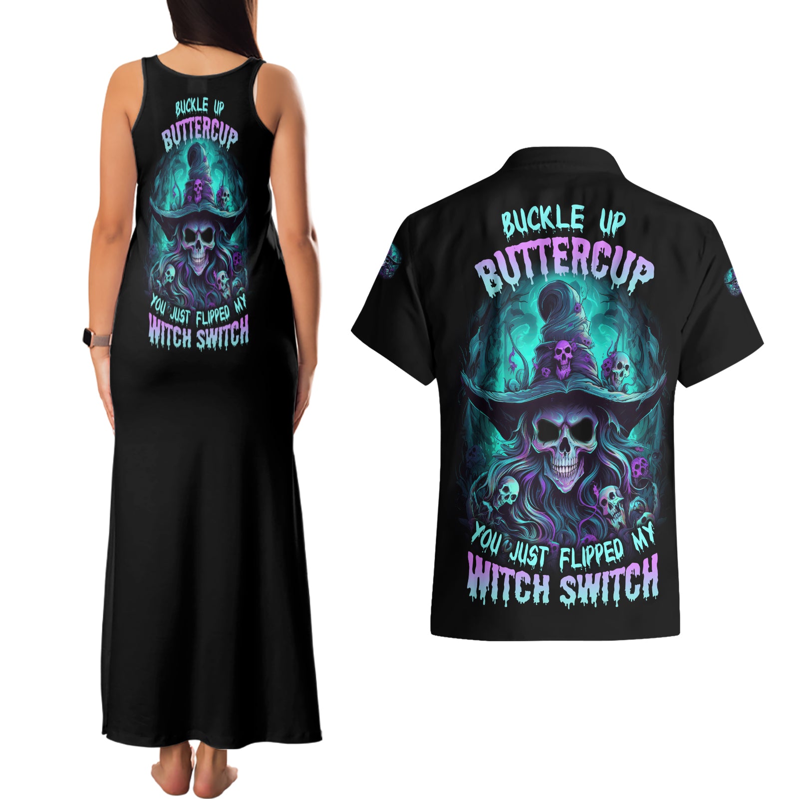 buckle-up-buttercup-skull-witch-halloween-couples-matching-tank-maxi-dress-and-hawaiian-shirt