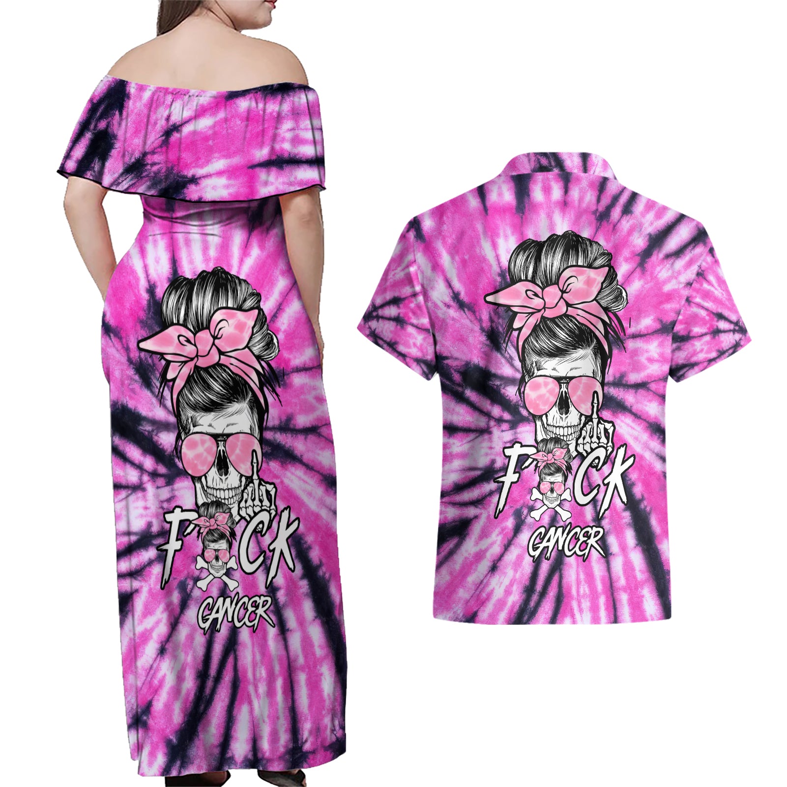 fcks-cancer-skull-tie-dye-couples-matching-off-shoulder-maxi-dress-and-hawaiian-shirt