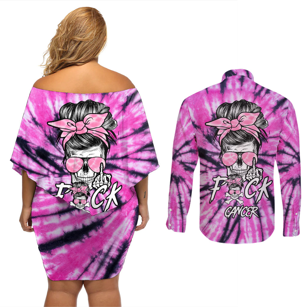 fcks-cancer-skull-tie-dye-couples-matching-off-shoulder-short-dress-and-long-sleeve-button-shirt