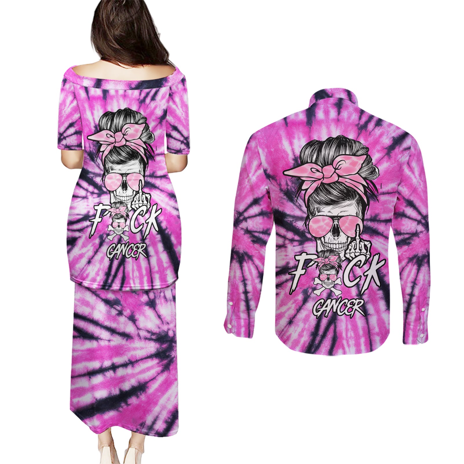 fcks-cancer-skull-tie-dye-couples-matching-puletasi-dress-and-long-sleeve-button-shirt