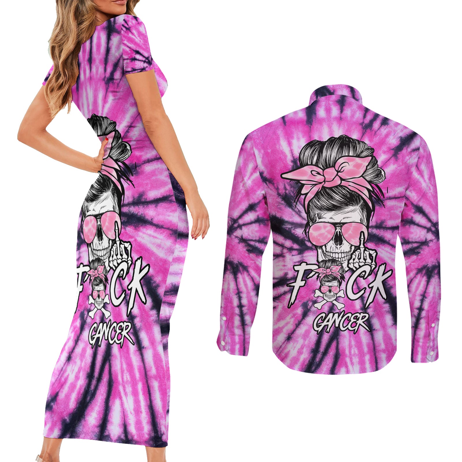 fcks-cancer-skull-tie-dye-couples-matching-short-sleeve-bodycon-dress-and-long-sleeve-button-shirt