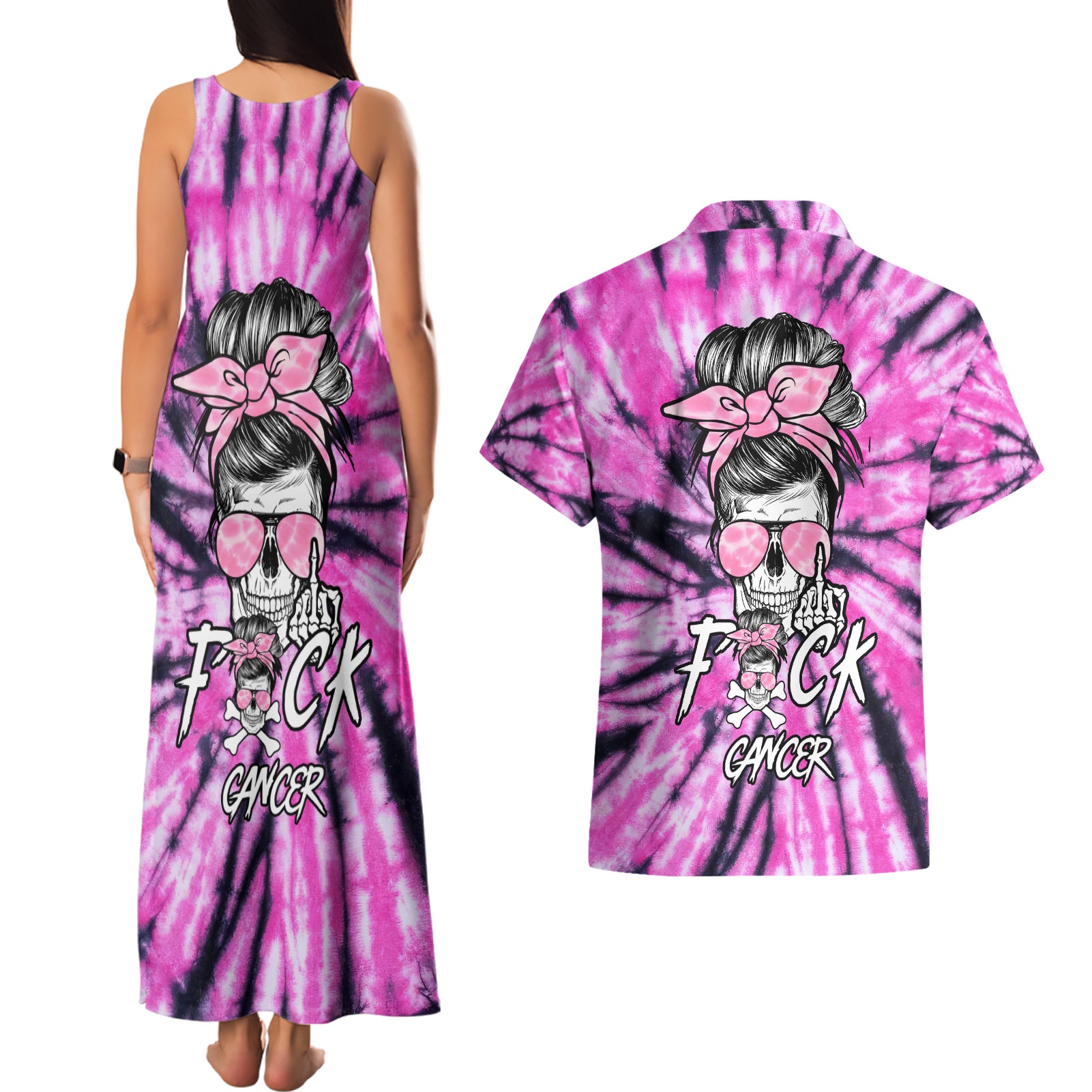 fcks-cancer-skull-tie-dye-couples-matching-tank-maxi-dress-and-hawaiian-shirt