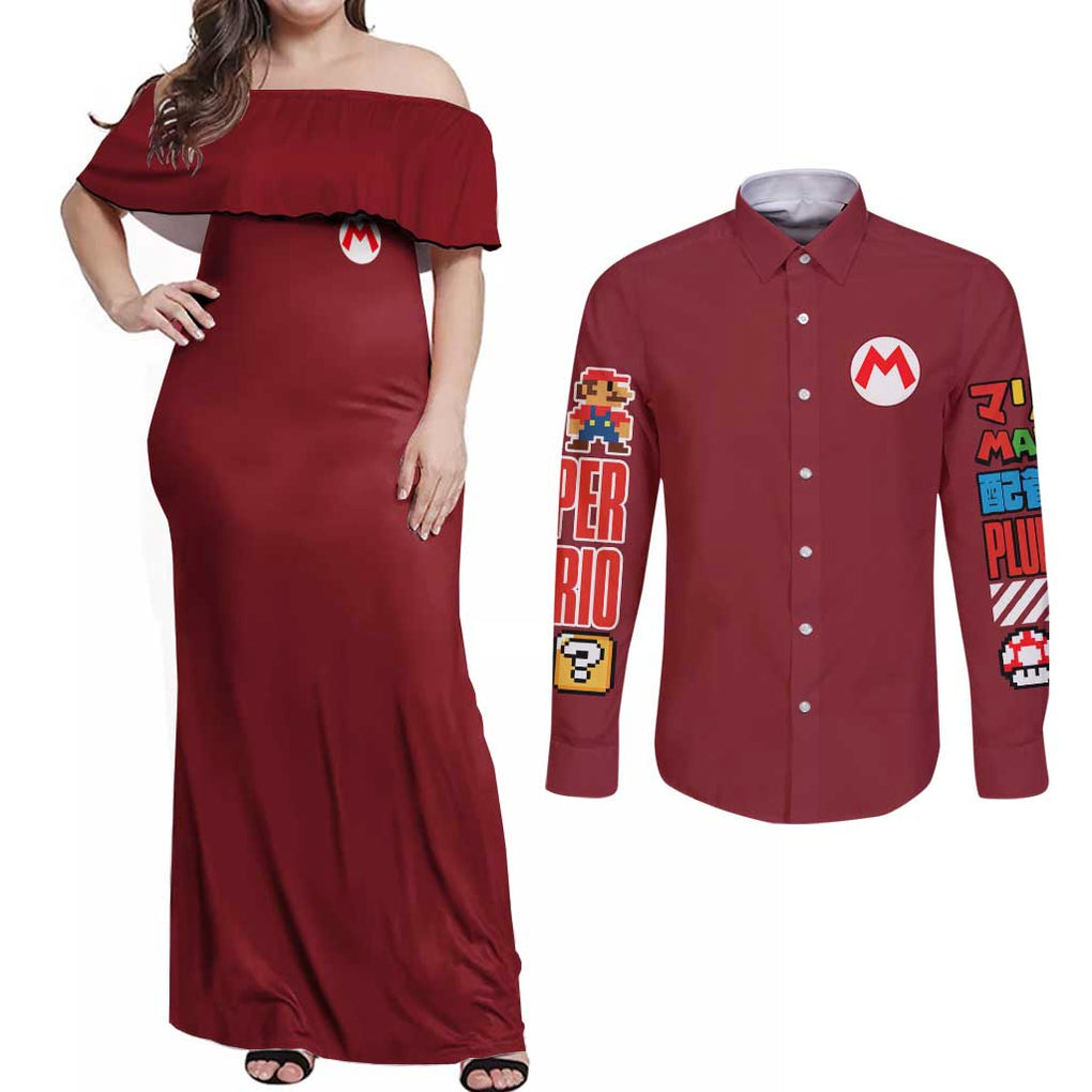 Mario Bros Mario Bros Couples Matching Off Shoulder Maxi Dress and Long Sleeve Button Shirt Anime Mix 3D Game Style