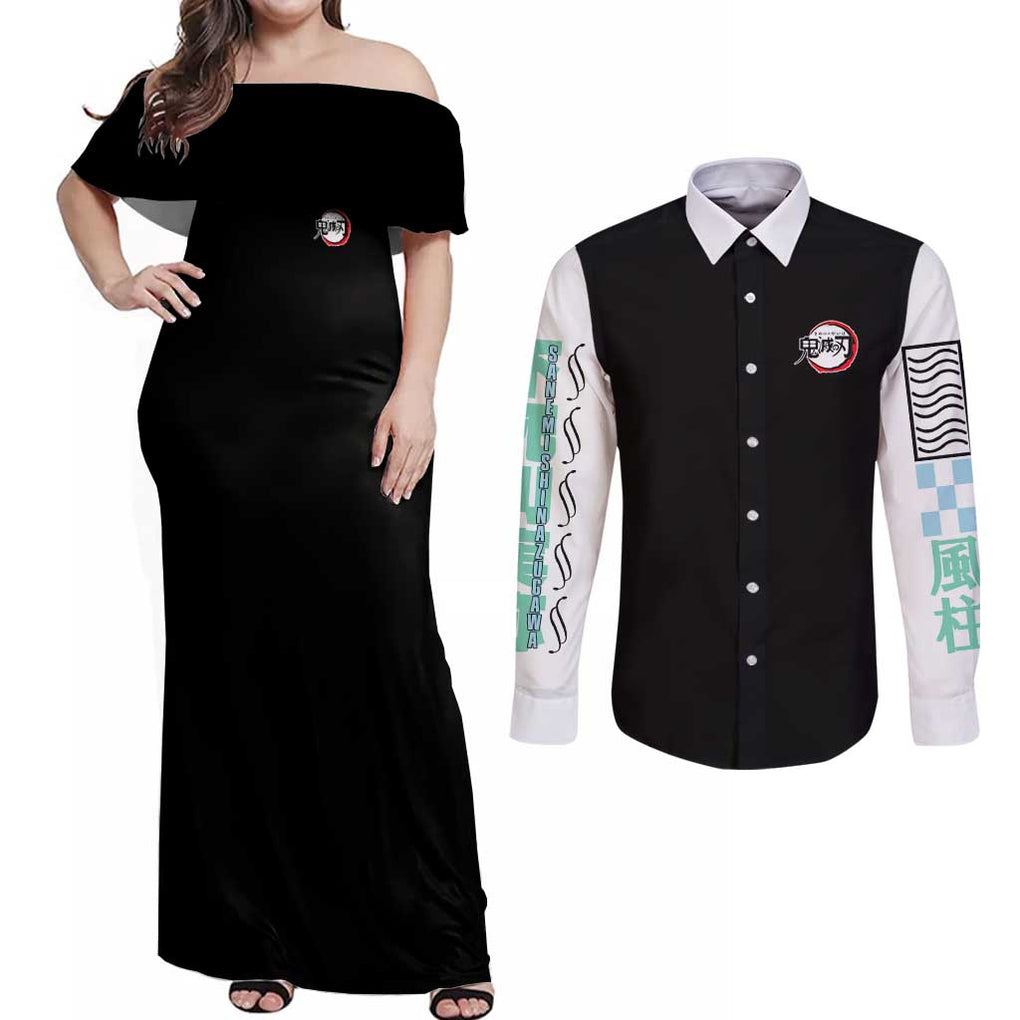 Sanemi Shinazugawa Kimesu no Yaiba Couples Matching Off Shoulder Maxi Dress and Long Sleeve Button Shirt Anime Style