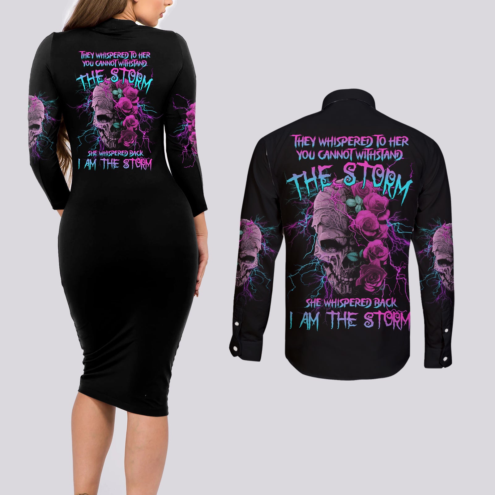 i-am-the-storm-skull-rose-couples-matching-long-sleeve-bodycon-dress-and-long-sleeve-button-shirt