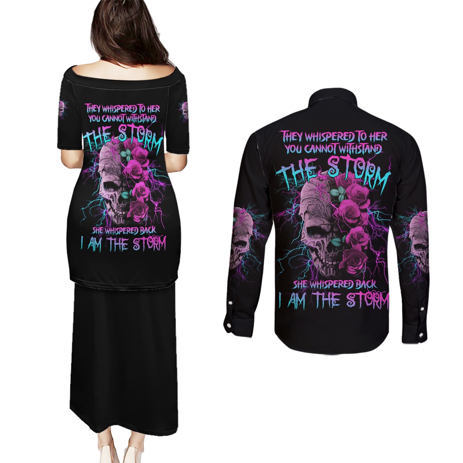 i-am-the-storm-skull-rose-couples-matching-puletasi-dress-and-long-sleeve-button-shirt