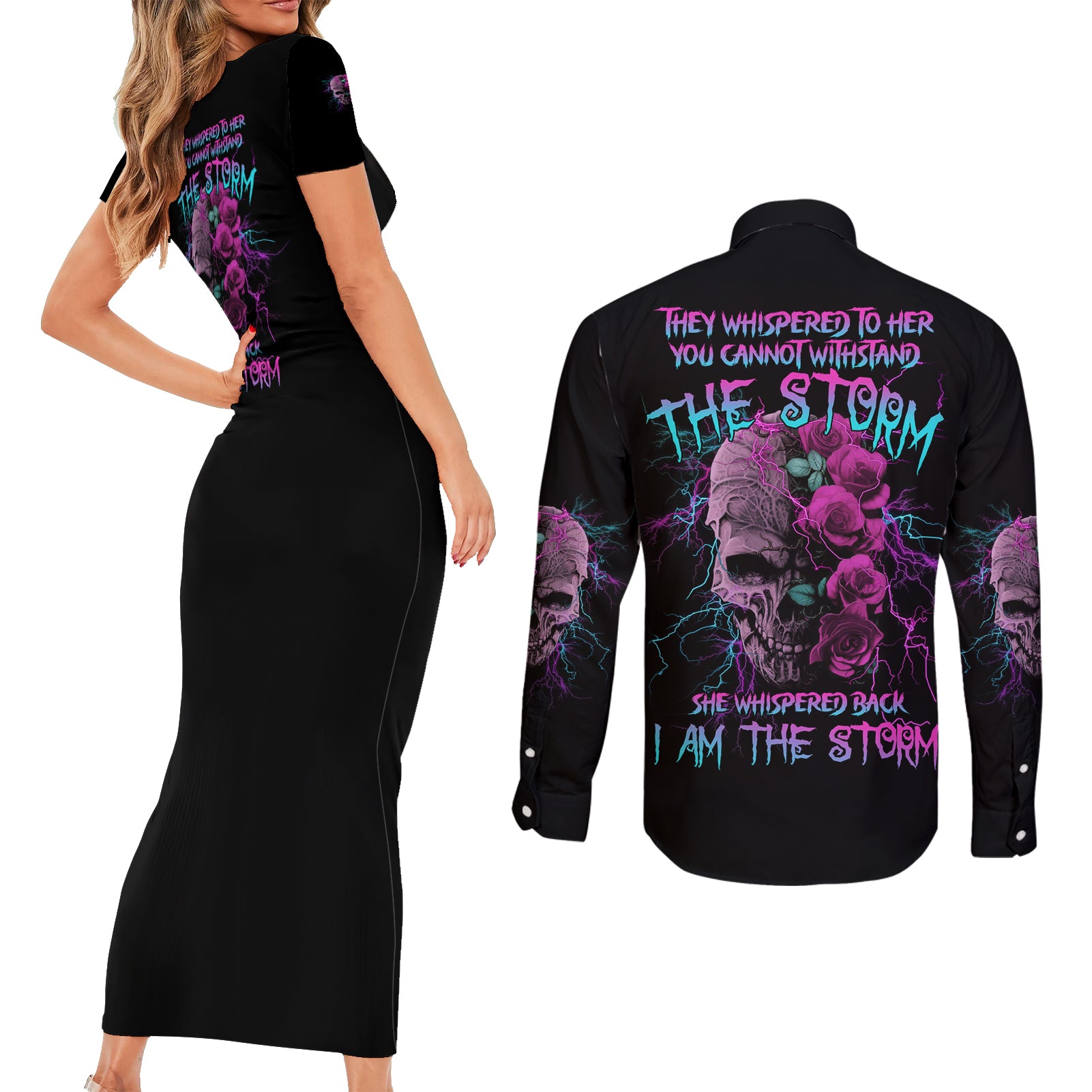 i-am-the-storm-skull-rose-couples-matching-short-sleeve-bodycon-dress-and-long-sleeve-button-shirt