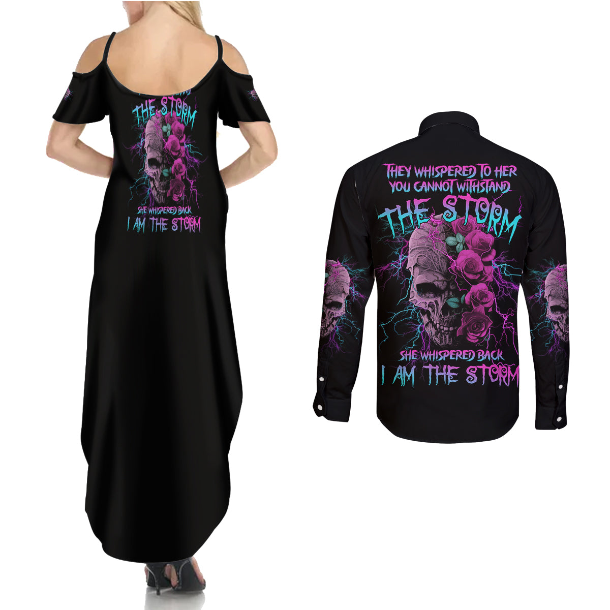 i-am-the-storm-skull-rose-couples-matching-summer-maxi-dress-and-long-sleeve-button-shirt