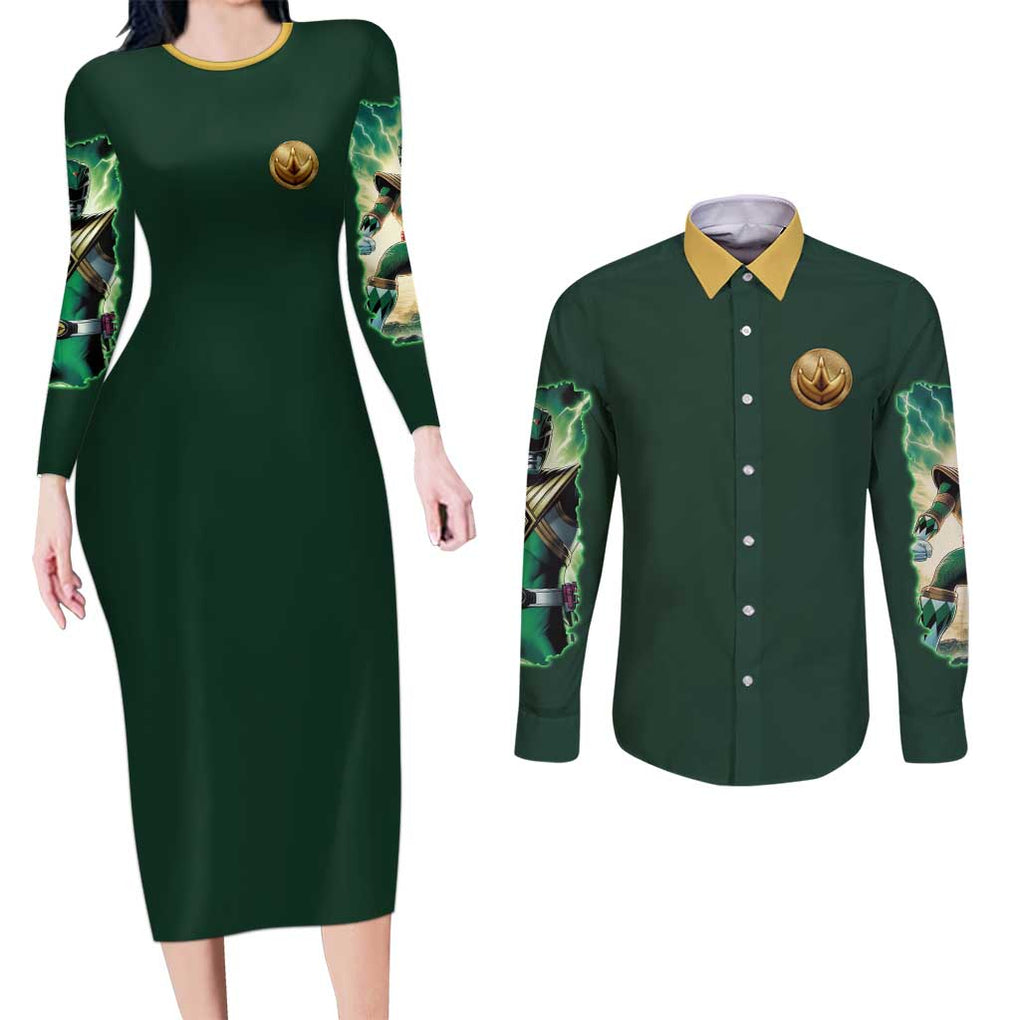 Green Ranger Mighty Morphin Power Rangers Couples Matching Long Sleeve Bodycon Dress and Long Sleeve Button Shirt Japan Anime Style