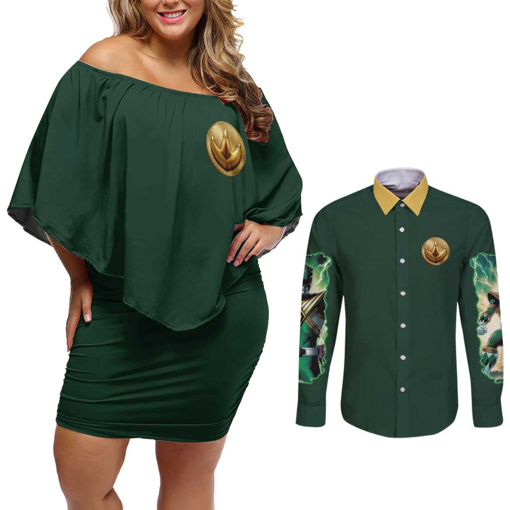 Green Ranger Mighty Morphin Power Rangers Couples Matching Off Shoulder Short Dress and Long Sleeve Button Shirt Japan Anime Style