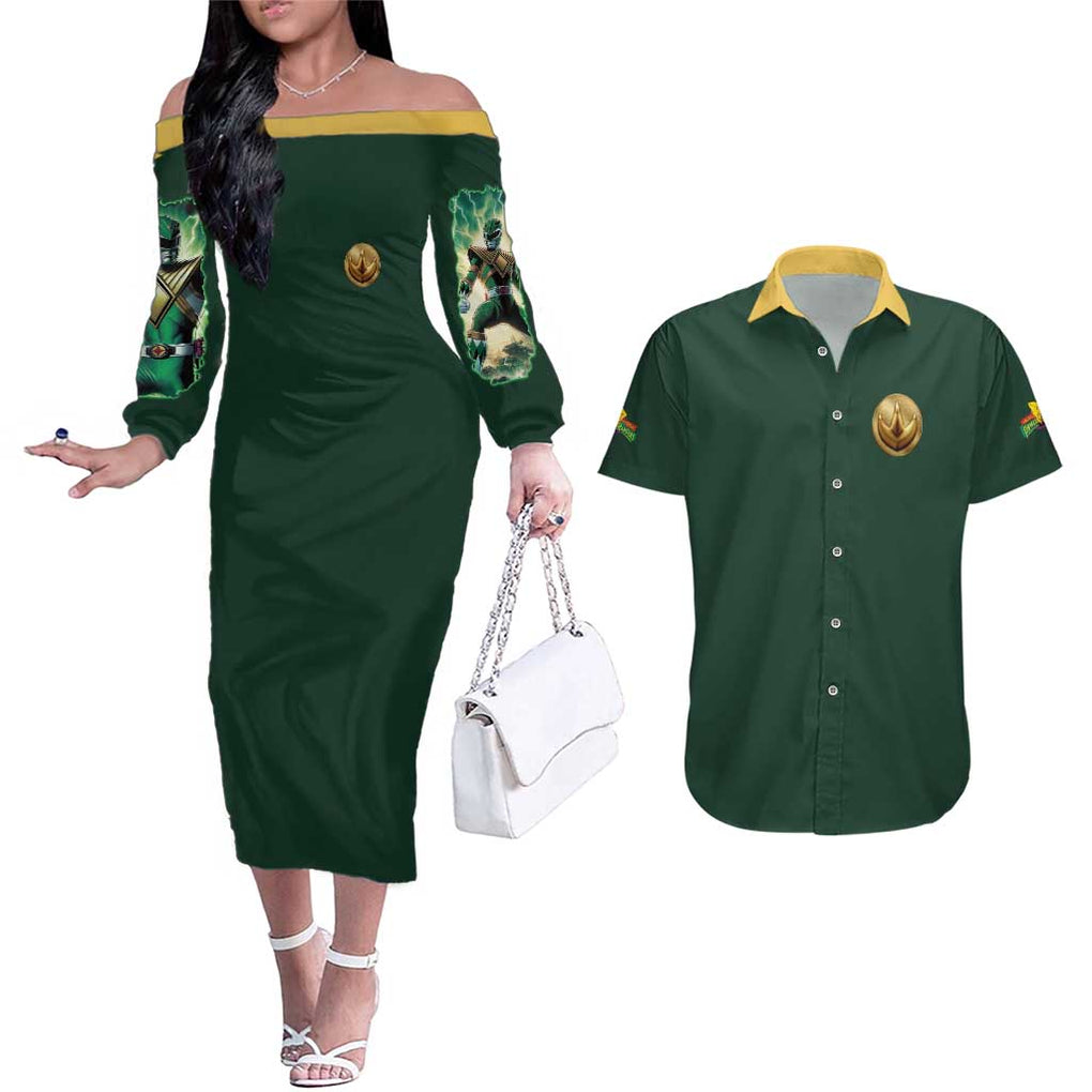 Green Ranger Mighty Morphin Power Rangers Couples Matching Off The Shoulder Long Sleeve Dress and Hawaiian Shirt Japan Anime Style