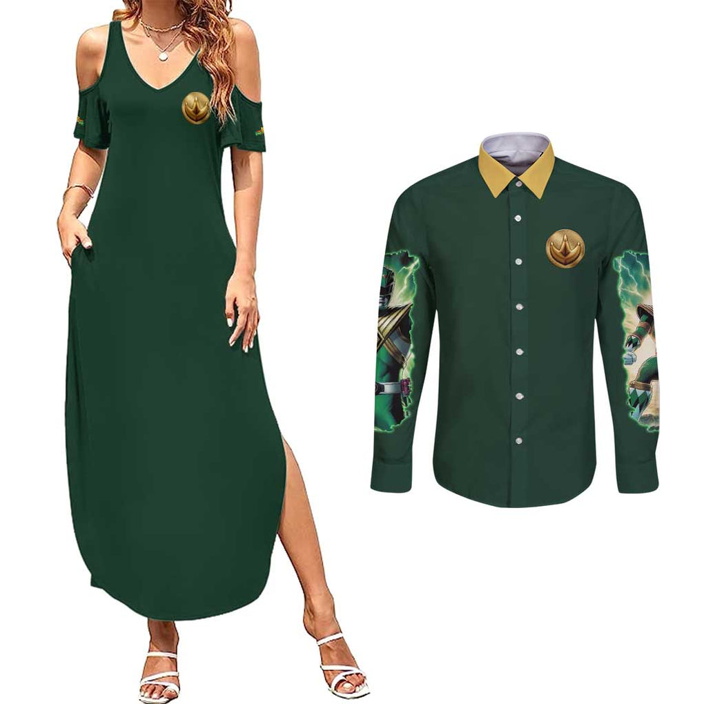 Green Ranger Mighty Morphin Power Rangers Couples Matching Summer Maxi Dress and Long Sleeve Button Shirt Japan Anime Style