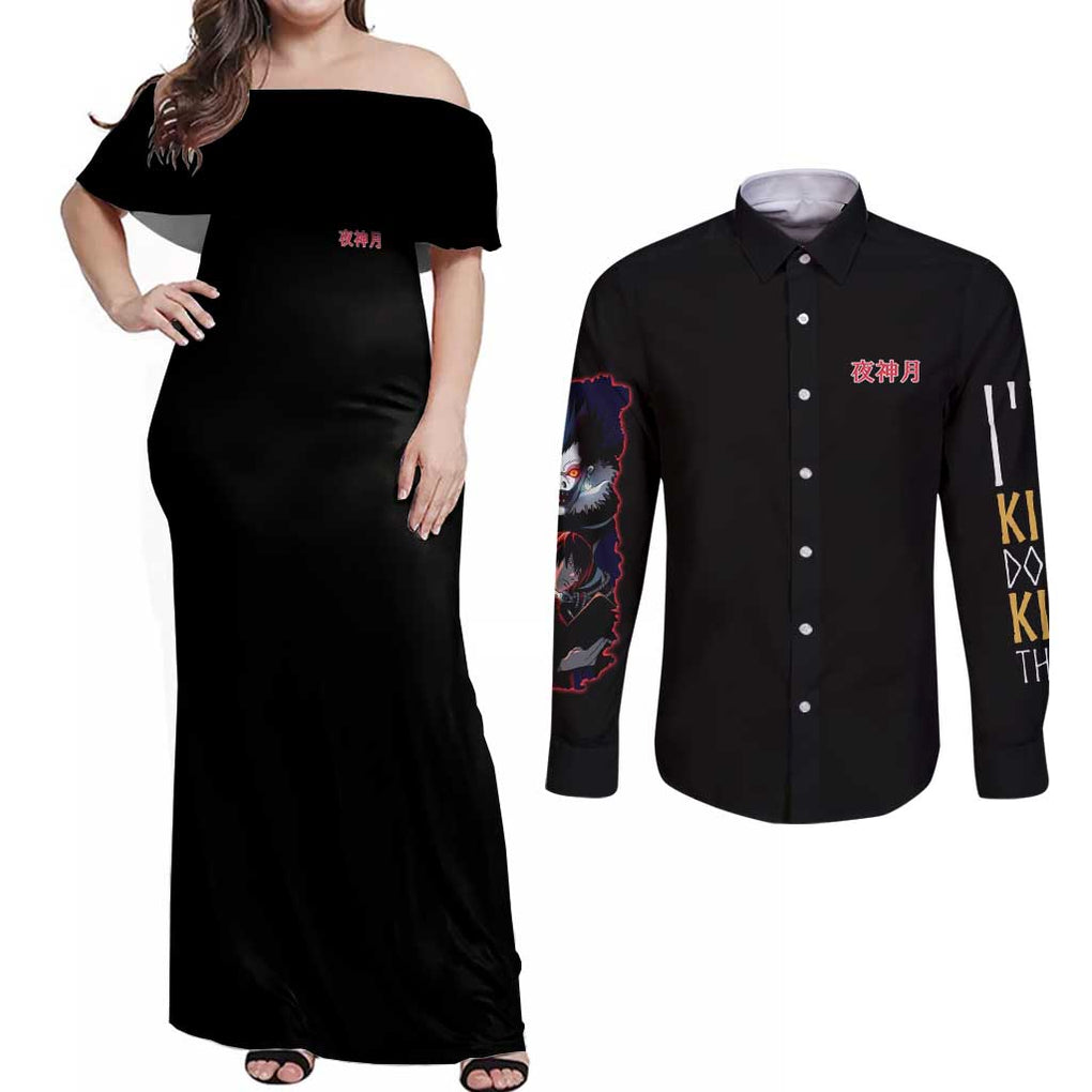 Light Yagami V2 Death Note Couples Matching Off Shoulder Maxi Dress and Long Sleeve Button Shirt Japan Anime Style