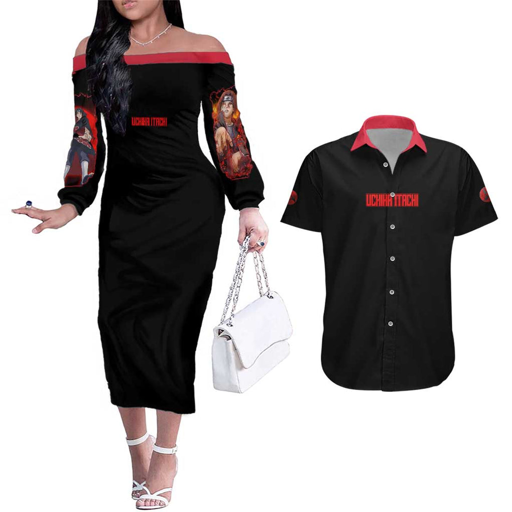 Uchiha Itachi V4 Naruto Couples Matching Off The Shoulder Long Sleeve Dress and Hawaiian Shirt Japan Anime Style