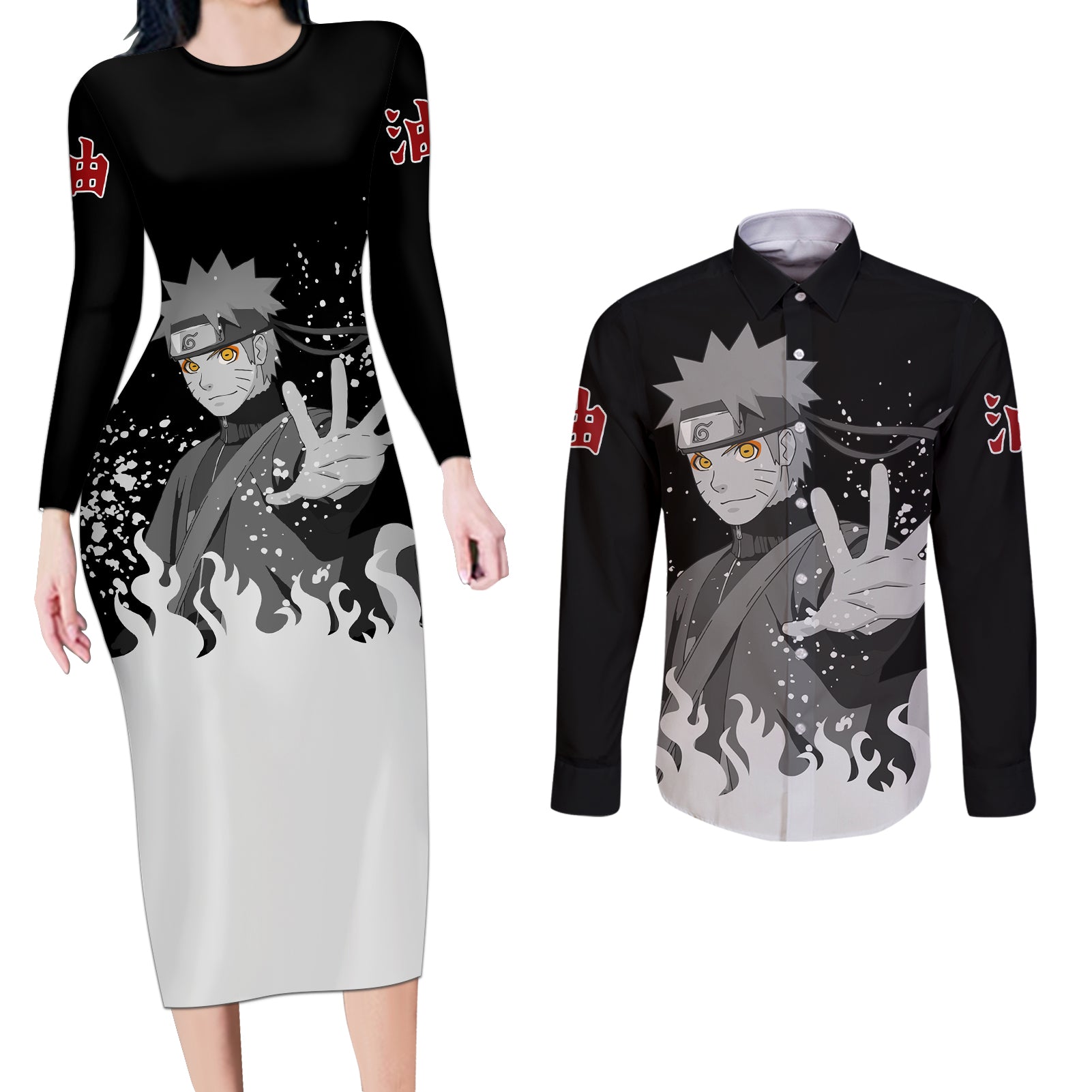 Uzumaki Sage Couples Matching Long Sleeve Bodycon Dress and Long Sleeve Button Shirt