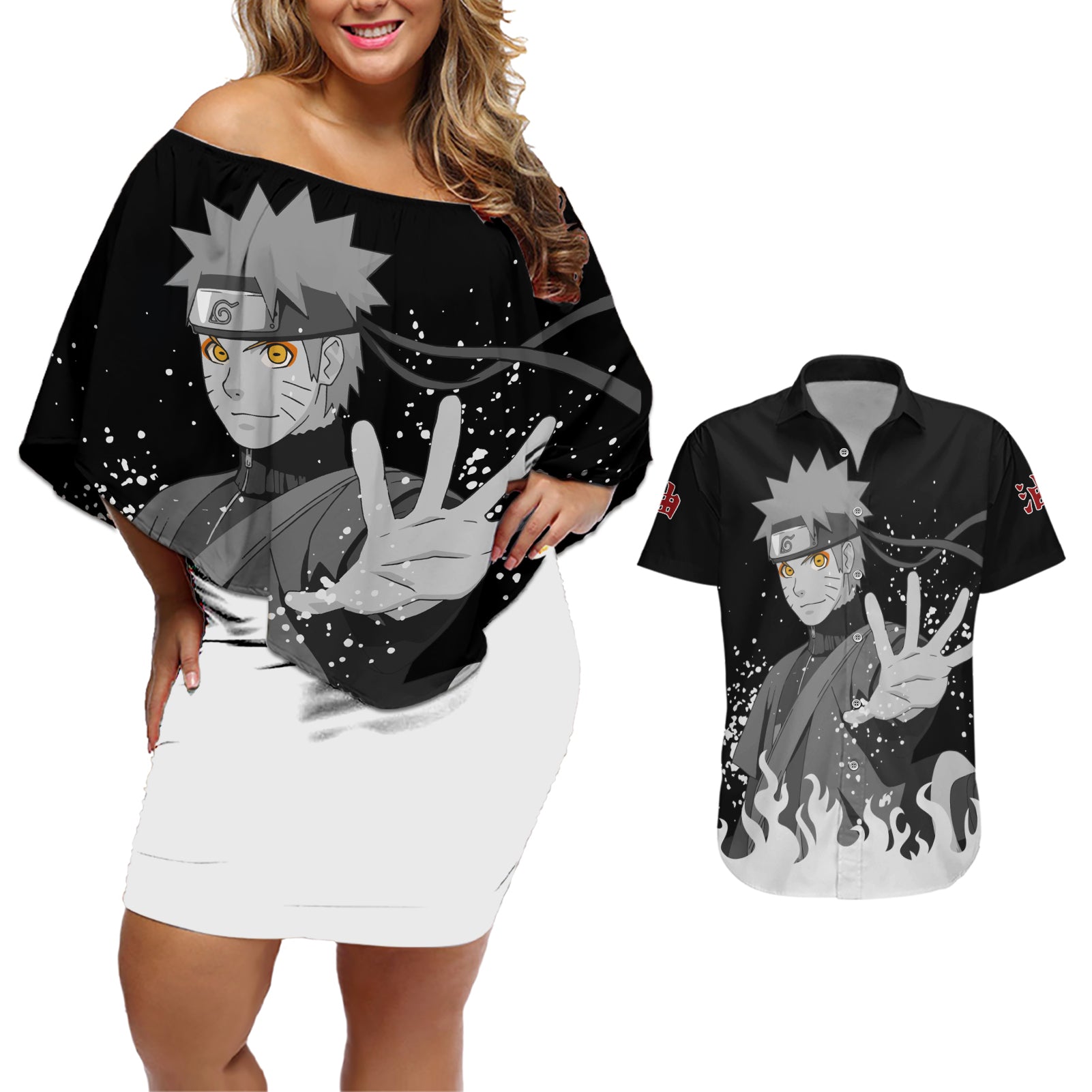 Uzumaki Sage Couples Matching Off Shoulder Short Dress and Hawaiian Shirt