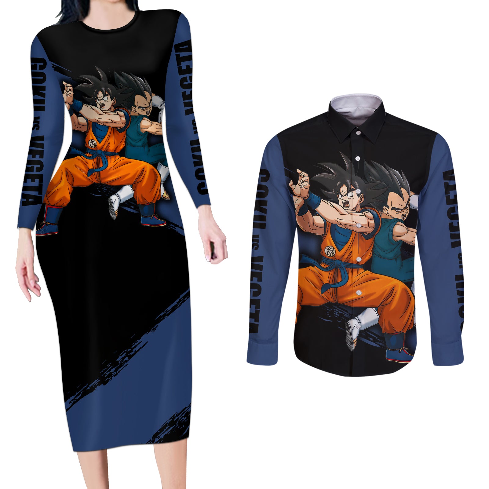 Goku and Vegeta Super Anime Couples Matching Long Sleeve Bodycon Dress and Long Sleeve Button Shirt