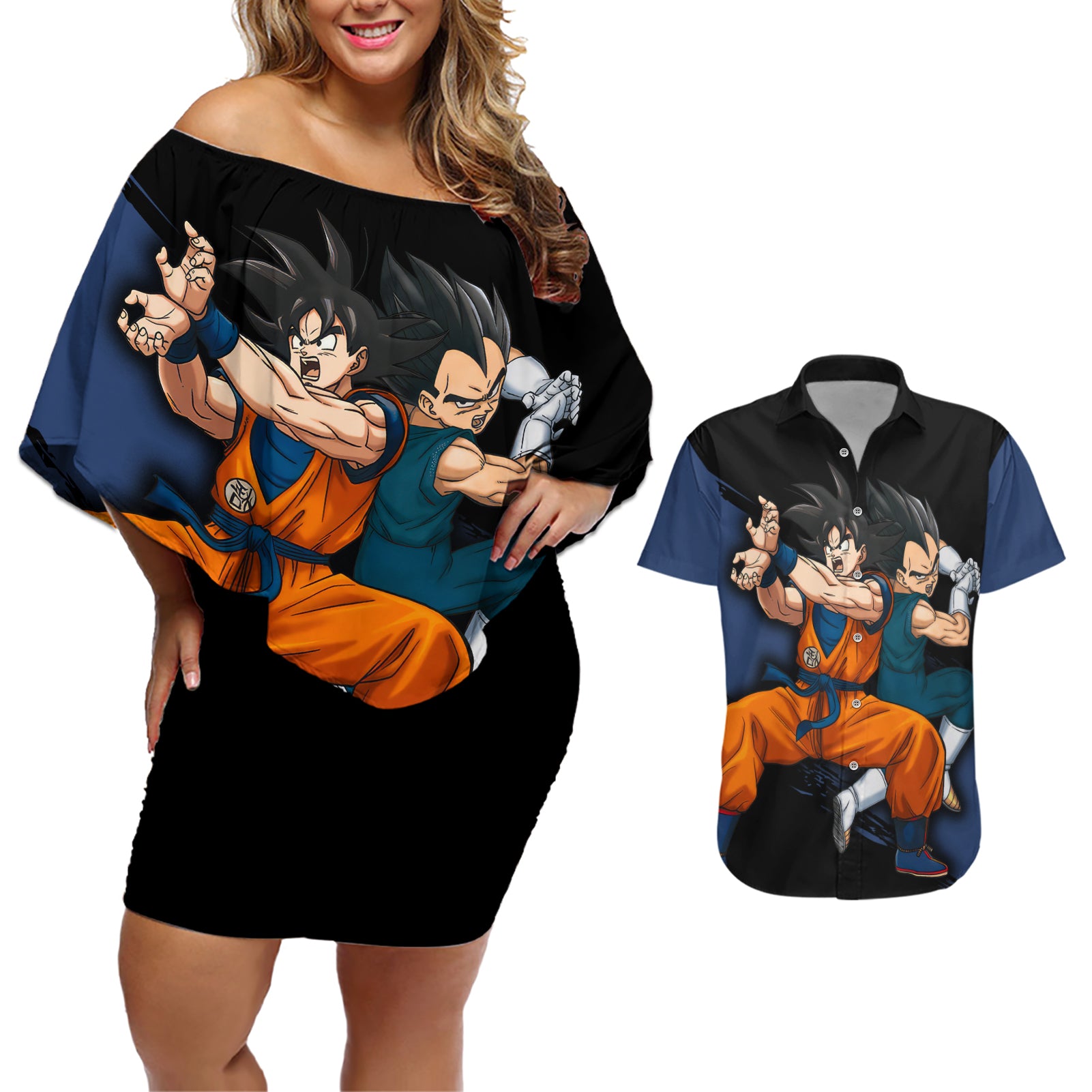 Goku and Vegeta Super Anime Couples Matching Off Shoulder Short Dress and Hawaiian Shirt