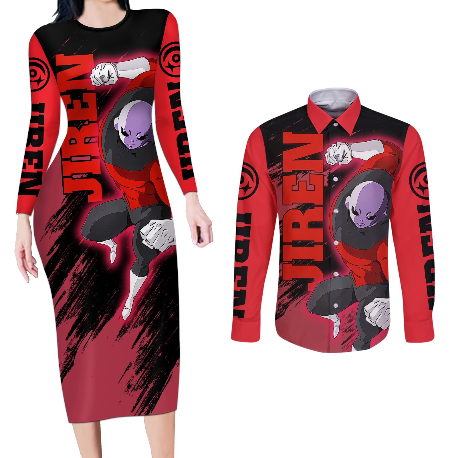 Jiren - Dragon Ball Couples Matching Long Sleeve Bodycon Dress and Long Sleeve Button Shirt