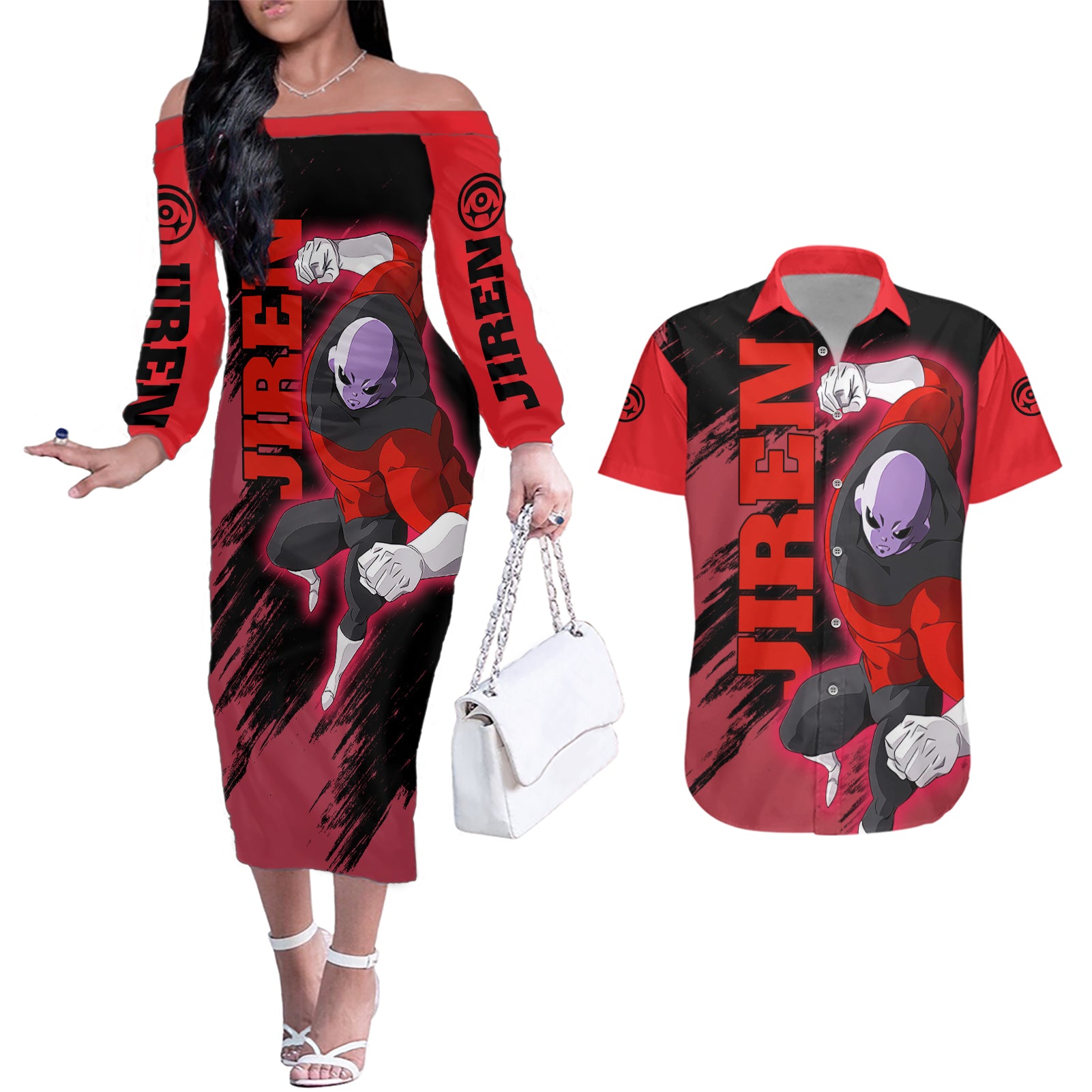 Jiren - Dragon Ball Couples Matching Off The Shoulder Long Sleeve Dress and Hawaiian Shirt