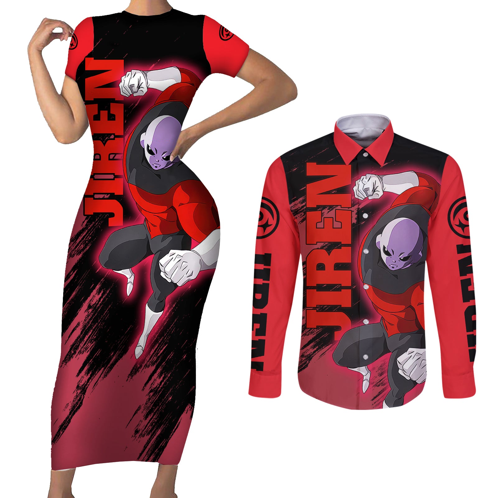 Jiren - Dragon Ball Couples Matching Short Sleeve Bodycon Dress and Long Sleeve Button Shirt