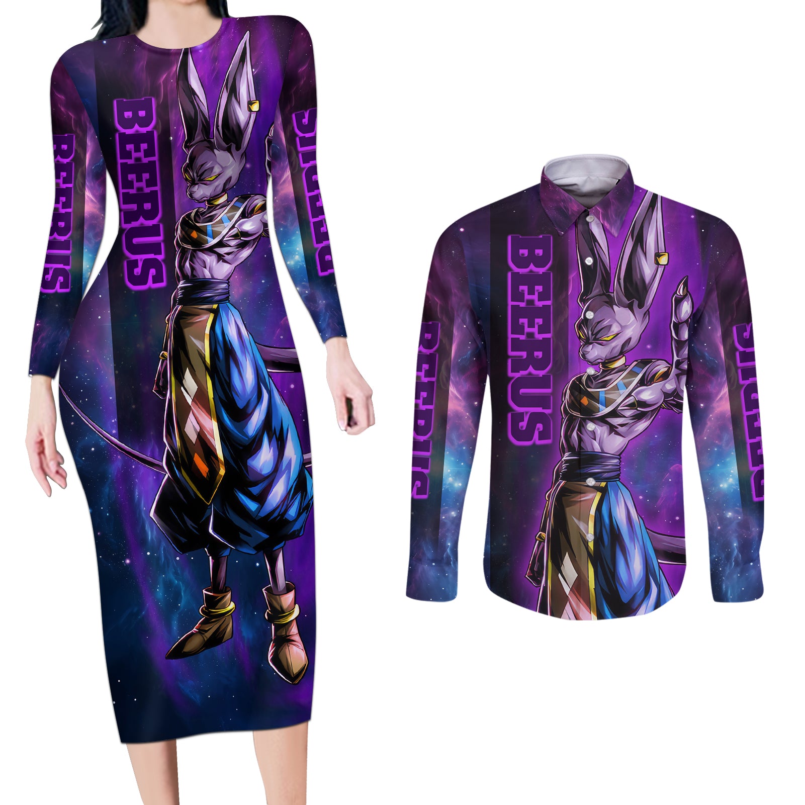 Beerus - Dragon Ball Couples Matching Long Sleeve Bodycon Dress and Long Sleeve Button Shirt