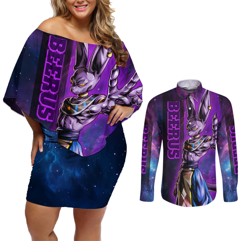 Beerus - Dragon Ball Couples Matching Off Shoulder Short Dress and Long Sleeve Button Shirt