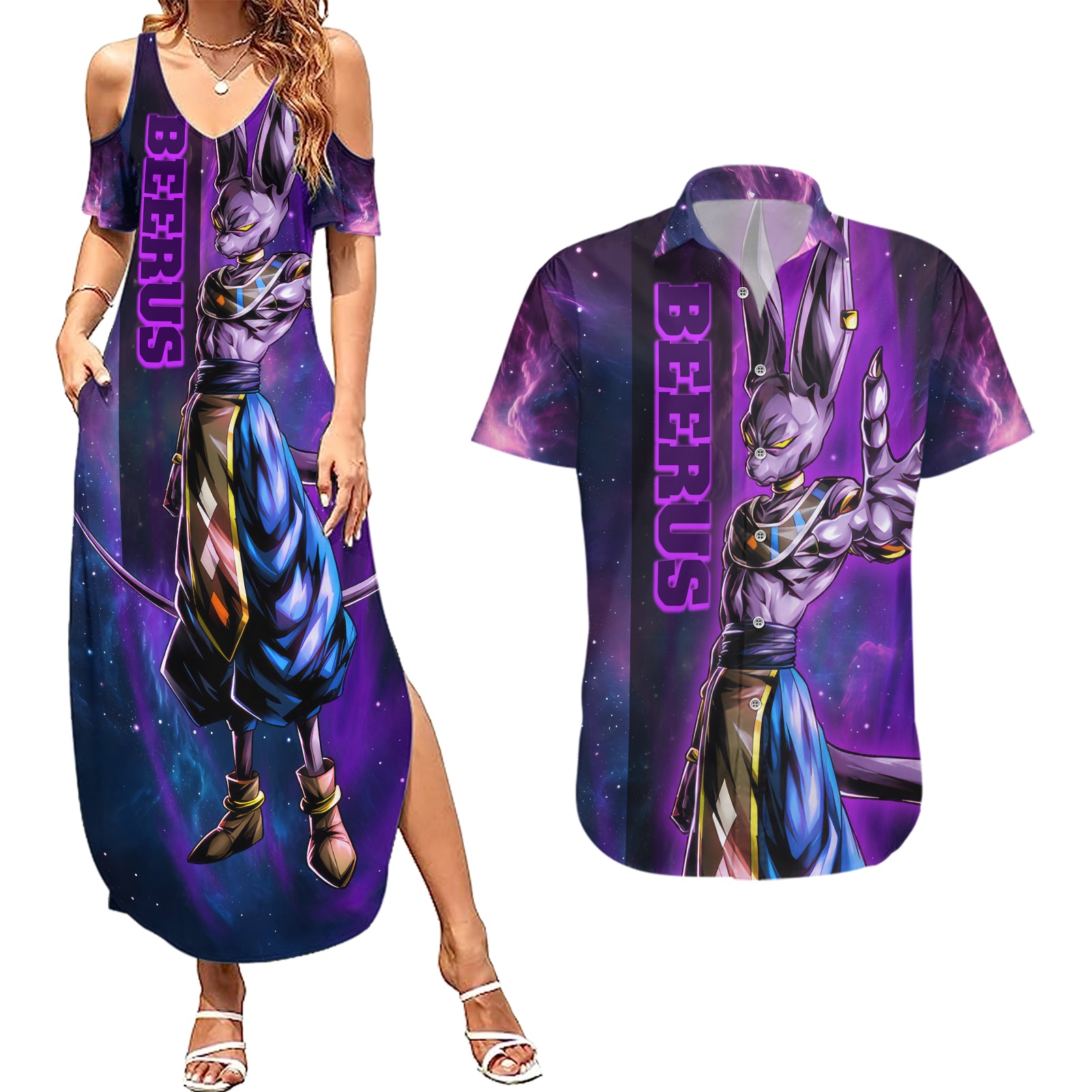 Beerus - Dragon Ball Couples Matching Summer Maxi Dress and Hawaiian Shirt