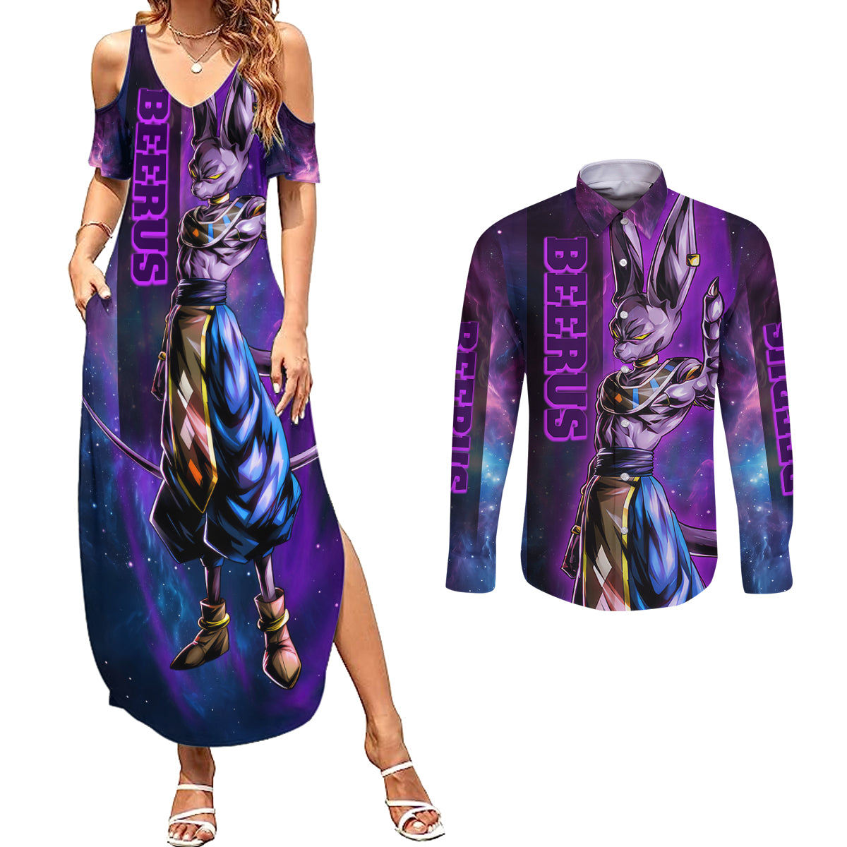 Beerus - Dragon Ball Couples Matching Summer Maxi Dress and Long Sleeve Button Shirt