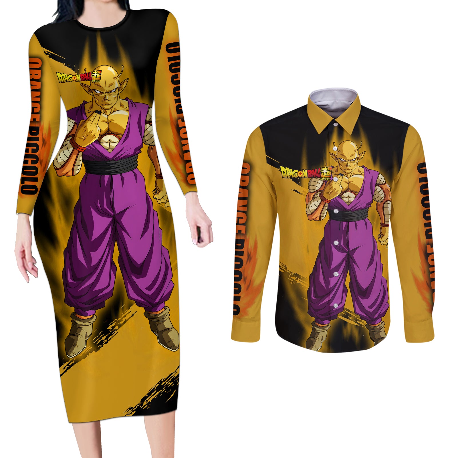 Orange Piccolo Super Anime Couples Matching Long Sleeve Bodycon Dress and Long Sleeve Button Shirt