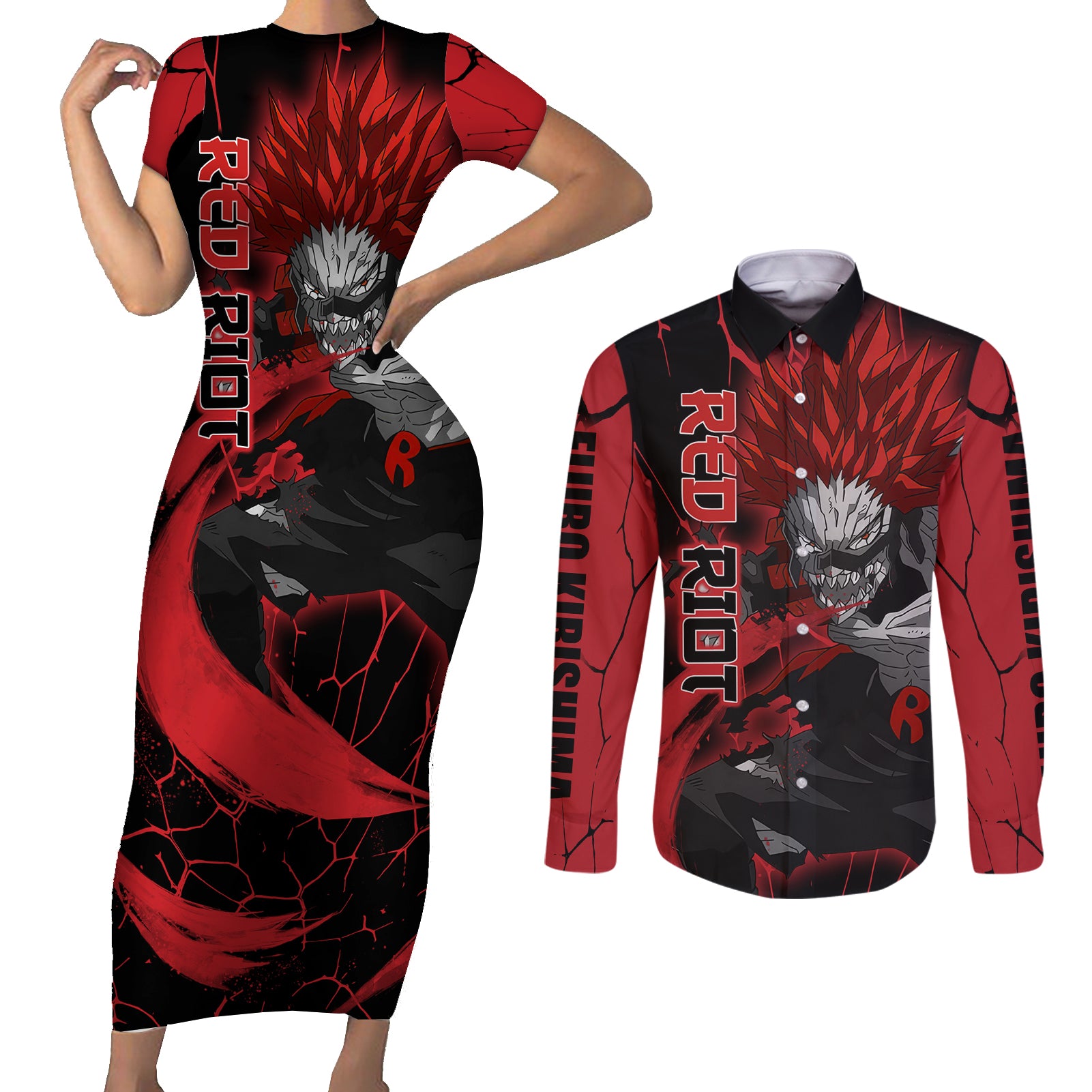 Eijirou KIrishima Red Riot Couples Matching Short Sleeve Bodycon Dress and Long Sleeve Button Shirt