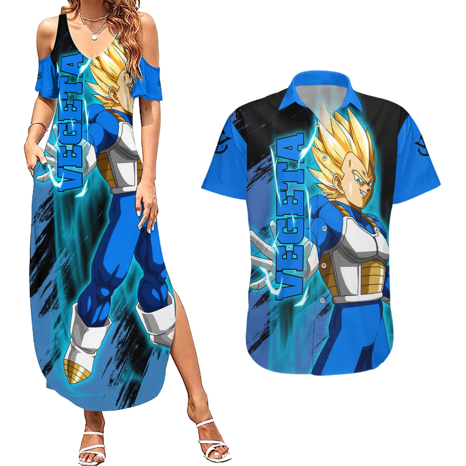 Vegeta Super Saiyan - Dragon Ball Couples Matching Summer Maxi Dress and Hawaiian Shirt