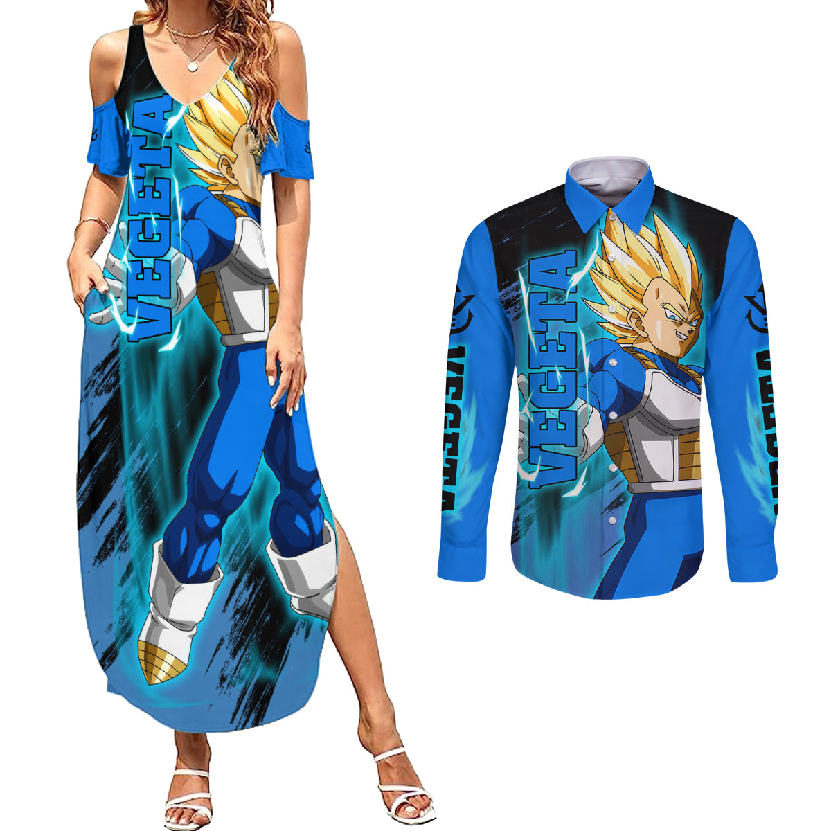 Vegeta Super Saiyan - Dragon Ball Couples Matching Summer Maxi Dress and Long Sleeve Button Shirt