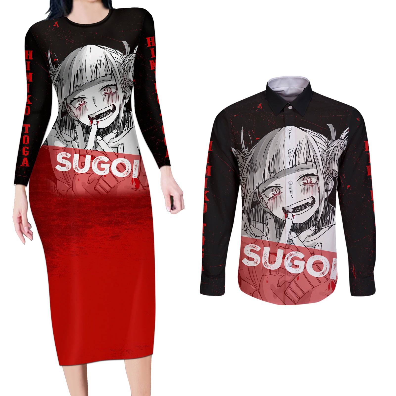 Himiko Toga Sugoi Couples Matching Long Sleeve Bodycon Dress and Long Sleeve Button Shirt